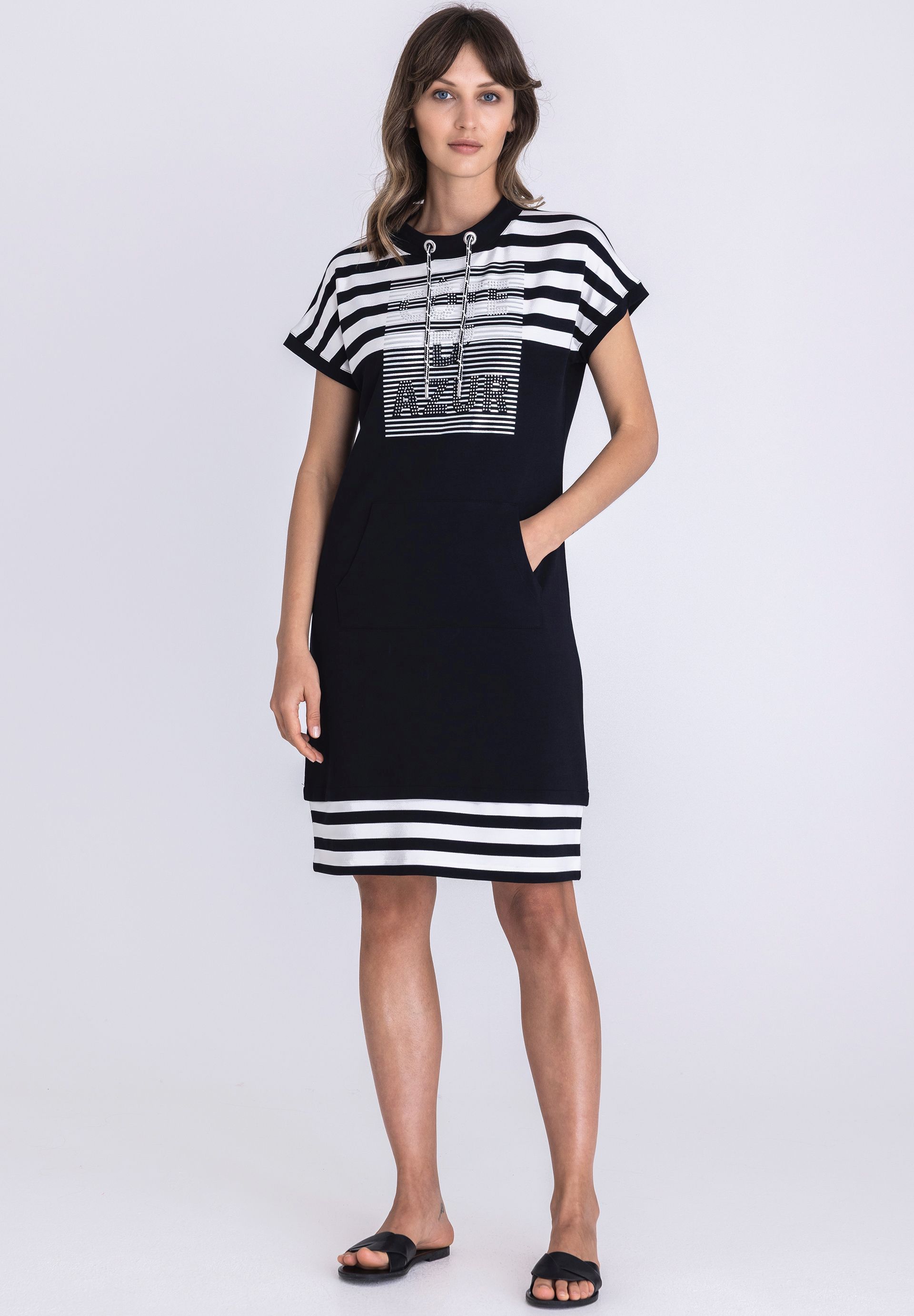 T-Shirt Kleid, Gestreiftes Kleid, Knee-length, Kapuze, Taschen
