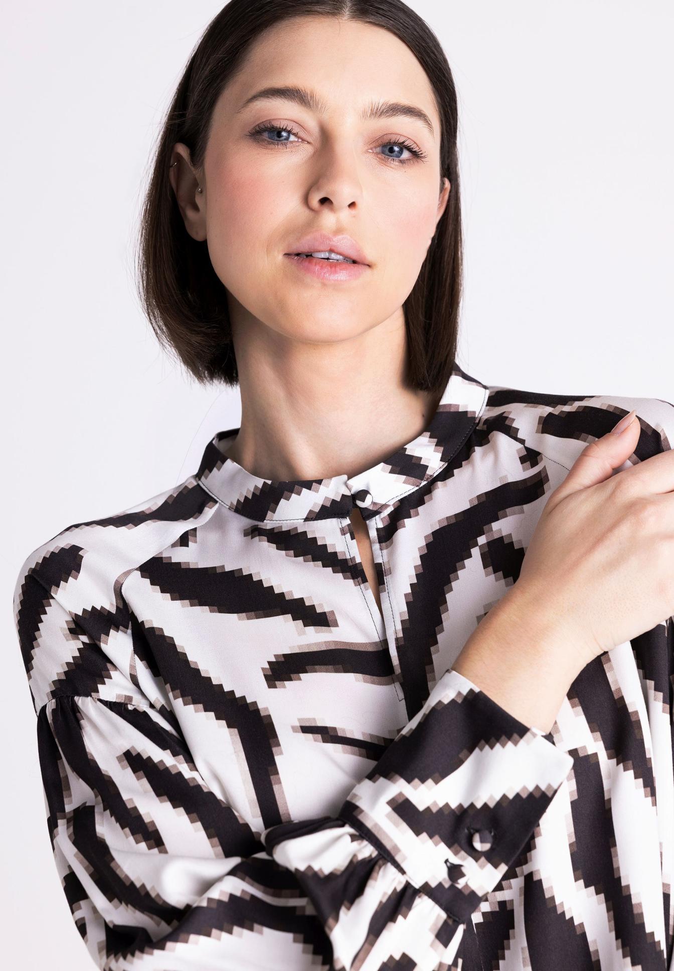 bluse, paisley, meliert, knopfleiste, langarm, bluse,  geometrischer muster,  schwarz-weiß,  langärmlig,  knopfverschluss, Bluse, Gemusterte Bluse, Langarm, Kragen, Zickzack-Muster