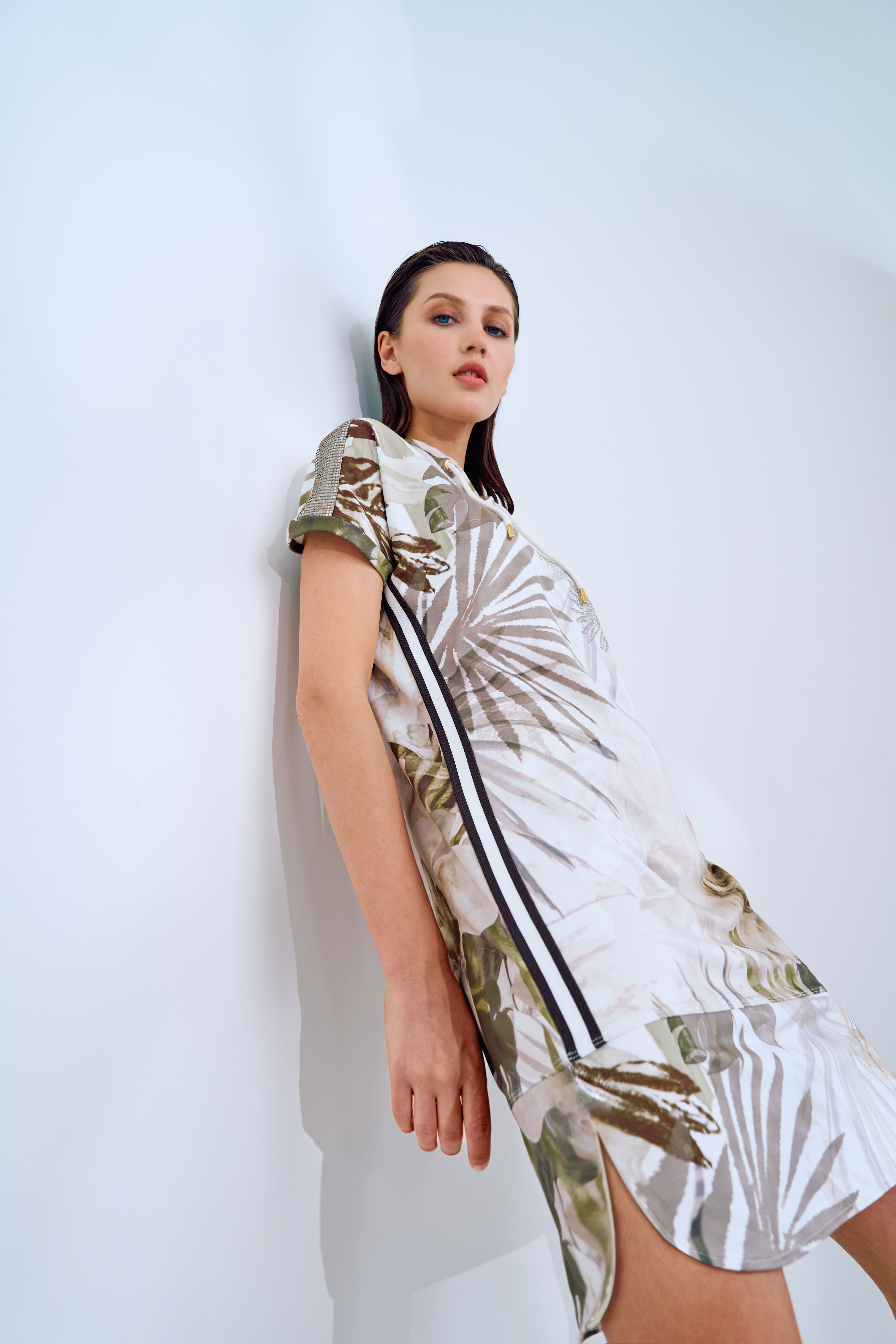 Tunika, Druckkleid, Palmenmuster, Seitlicher Streifen, Sommerkleid
