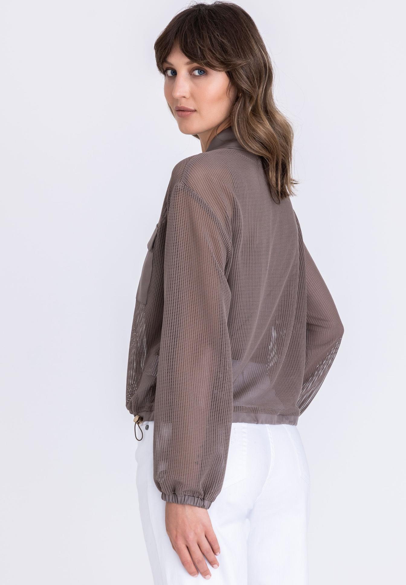Netzjacke, Luftige Jacke, Mesh-Jacke, Braune Netzjacke, Transparente Blousonjacke, Mesh, Bomber, Hoodie, Longsleeve, Brown, Meshjacke, Häkelstruktur, Langarm, Kordelzug Saum, Taupe Farbe