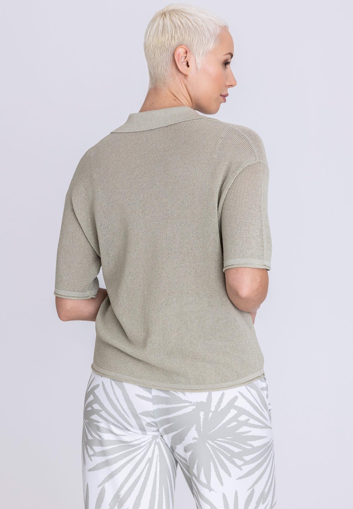 Kragenpolo, Kurzarm, Mesh-Textur, Beige, Palmendesign, Rückseite, Kragen Poloshirt, Kurzarm, Knit-Top, Beige, Polohemd, Knit-Top, Kurzarm, Beige, Crop-Look
