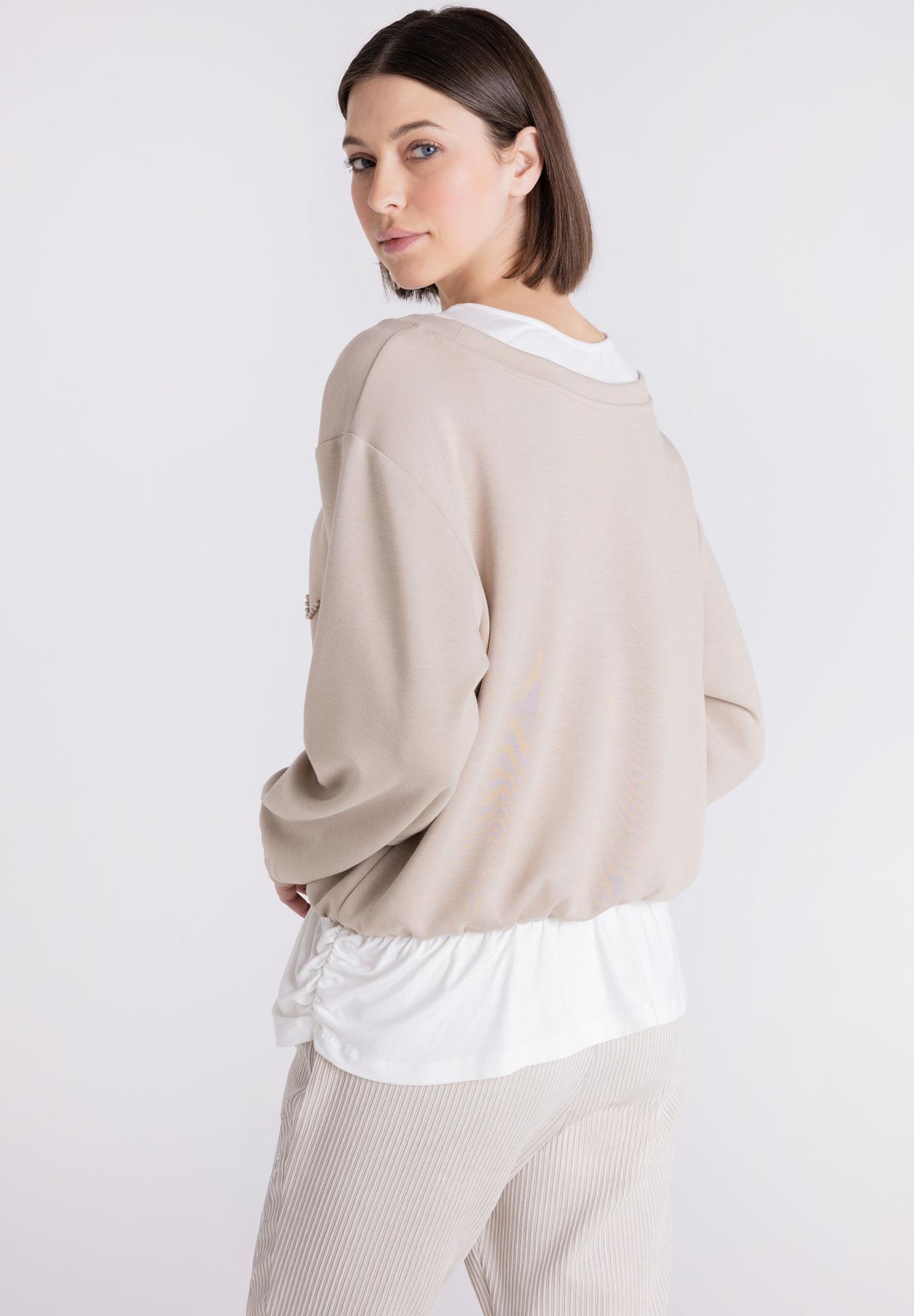 Sweatshirt, Beige, Oversized, Crewneck, Layered hem, Beige Sweater, Oversized, Crew Neck, Layered Hem, Two-Tiece Look, Pullover, Beige, Oversize, Rundhals, Lagenlook