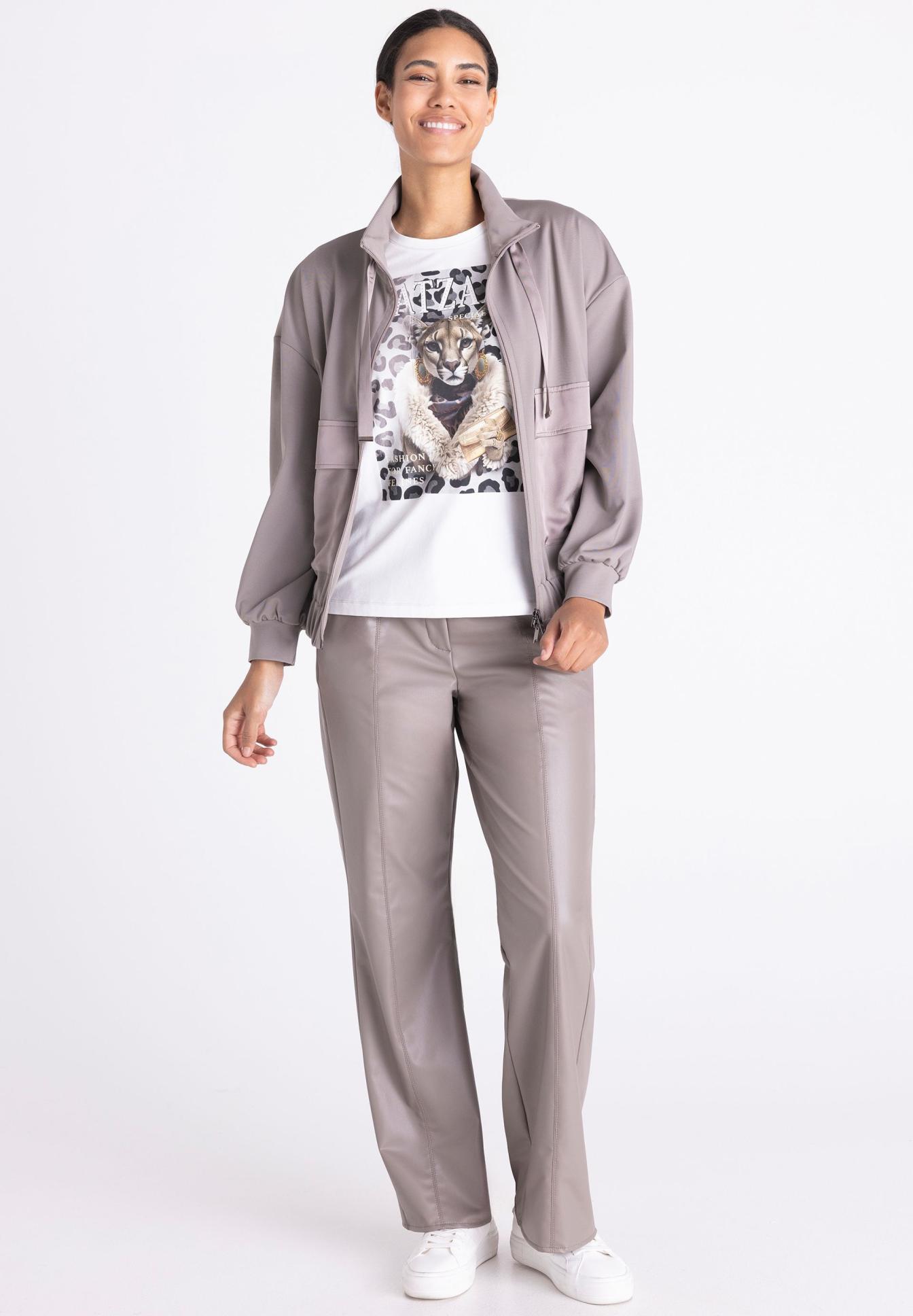 jacke, loungewear, taillierte jacke, leichte jacke, lederoptik?, jacke, ensemble, t-shirt, leoparden print, beige