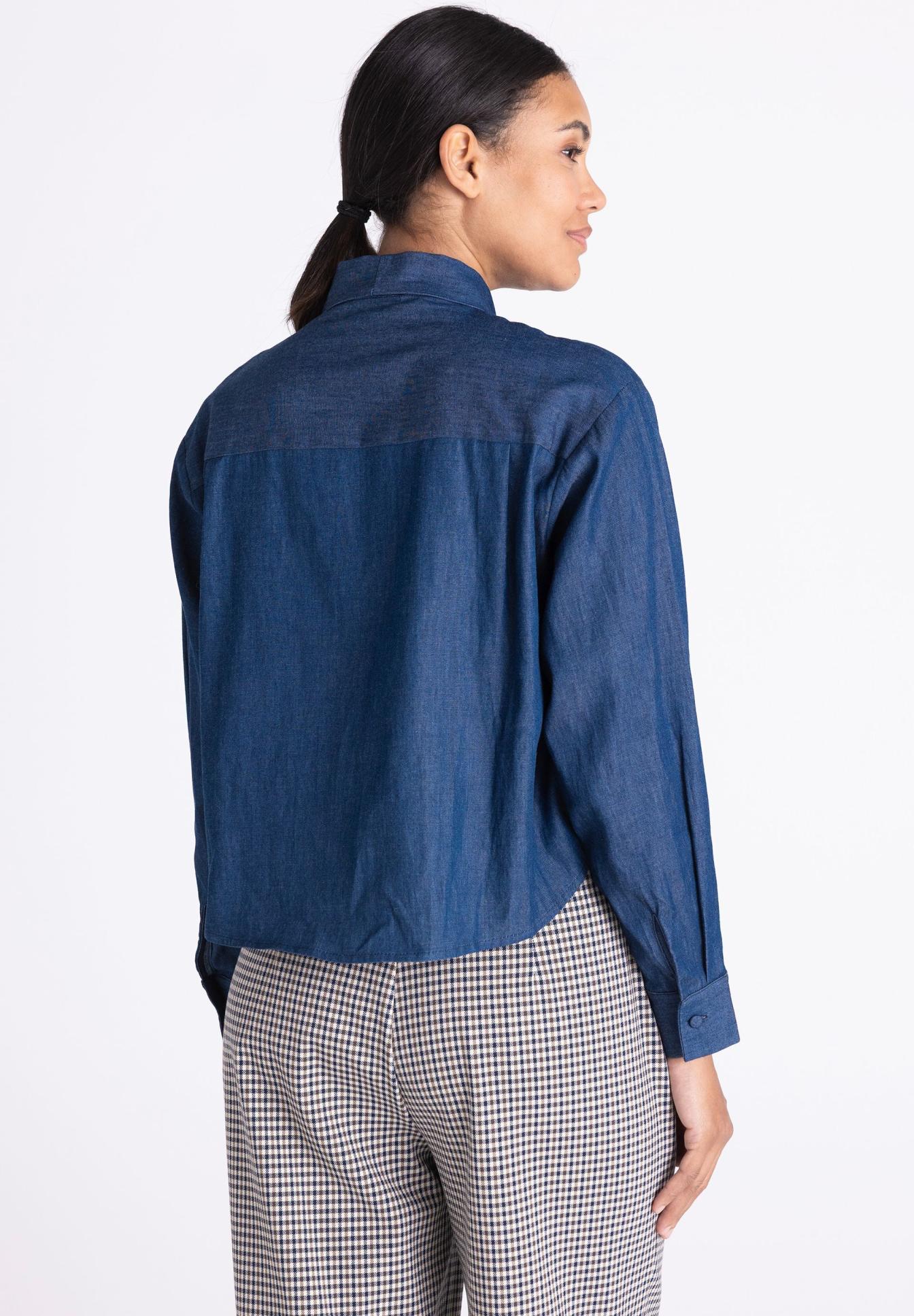 Jeanshemd, Denim, Blau, Langarm, Kragen, Denim, Jeansjacke, Lange Ärmel, Knopfmanschetten, Rückenansicht, denim shirt, jeans shirt, lange Ärmel, blaues Oberteil, Rückansicht