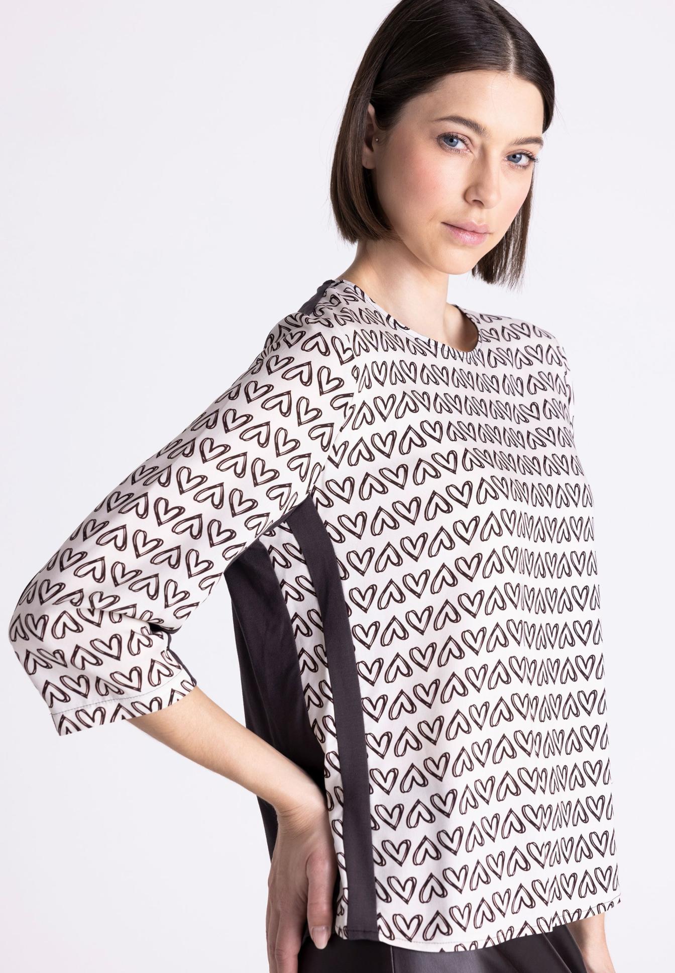 Bluse, Langarm, Herz-Muster, Schwarz-Weiß, Seitenzug, Hemd, Langarm, Herz Muster, Hellbeige, Verschlussloses Design, Top, Muster-Top, Herz-Muster, Dreiviertel-Ärmel, Hell-Beige, bluse, langarm, muster, herz-muster, lose fit