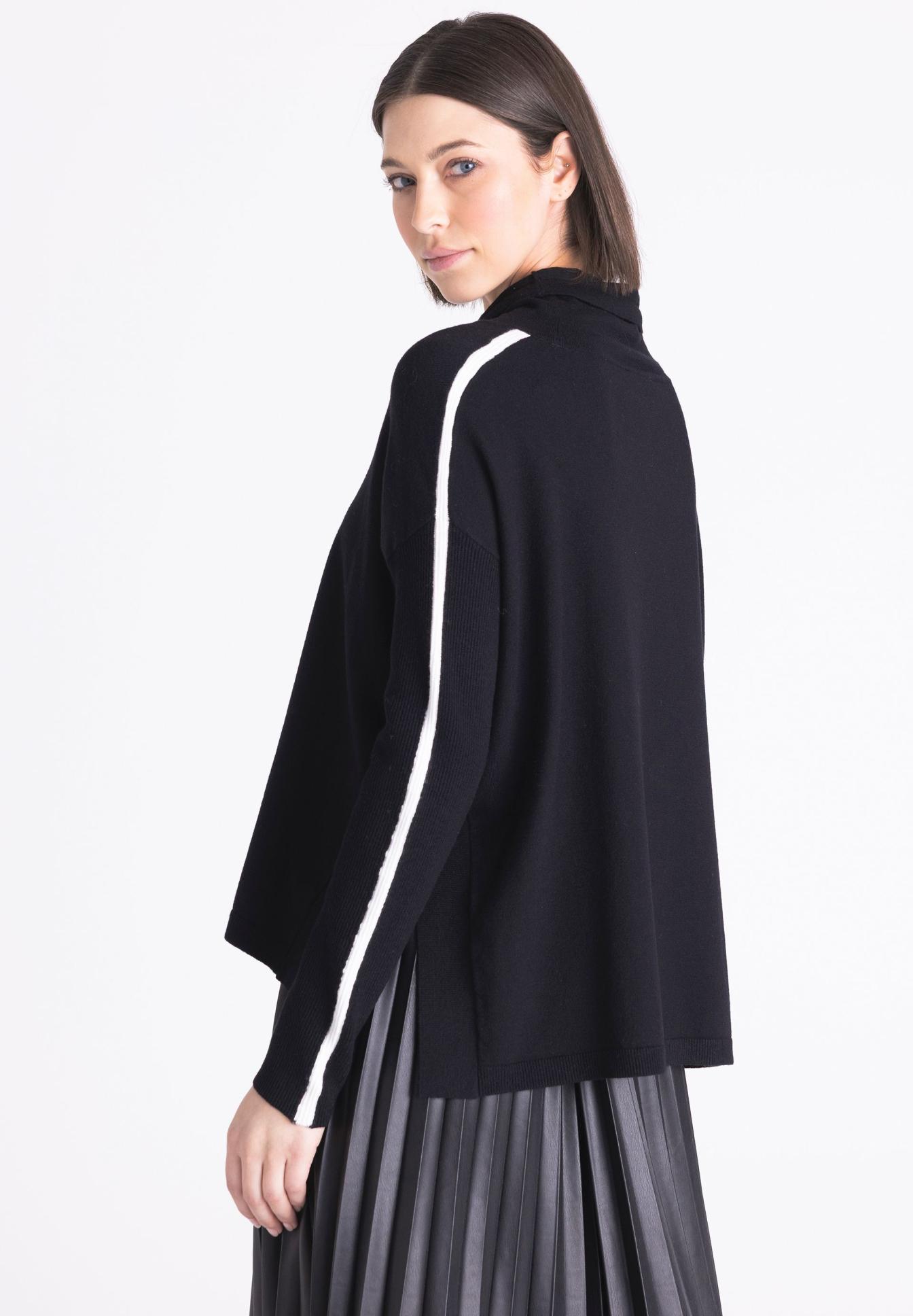 schwarz pullover, strickjacke, seitenstreifen, langarm, fleece-optik, schwarzer pullover, weißer streifen, langarm, knitwear, lockere passform, schwarz, Pullover, Langarm, Seitlicher Streifen, Kleidung-Top, schal, ärmeln, streifen, pullover, cardigan