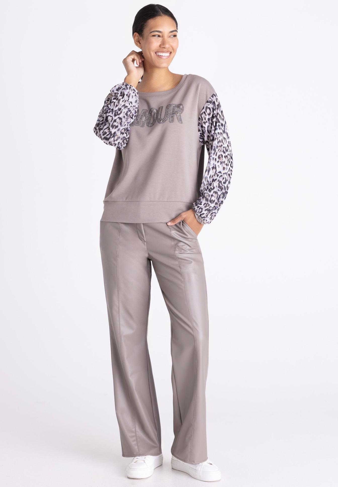 Sweatshirt, Leopard-Ärmel, Lounge-Pant, Beige, Casual-Set, sweatshirt, Leopardendruck, Puffärmel, taupe, casual-hose