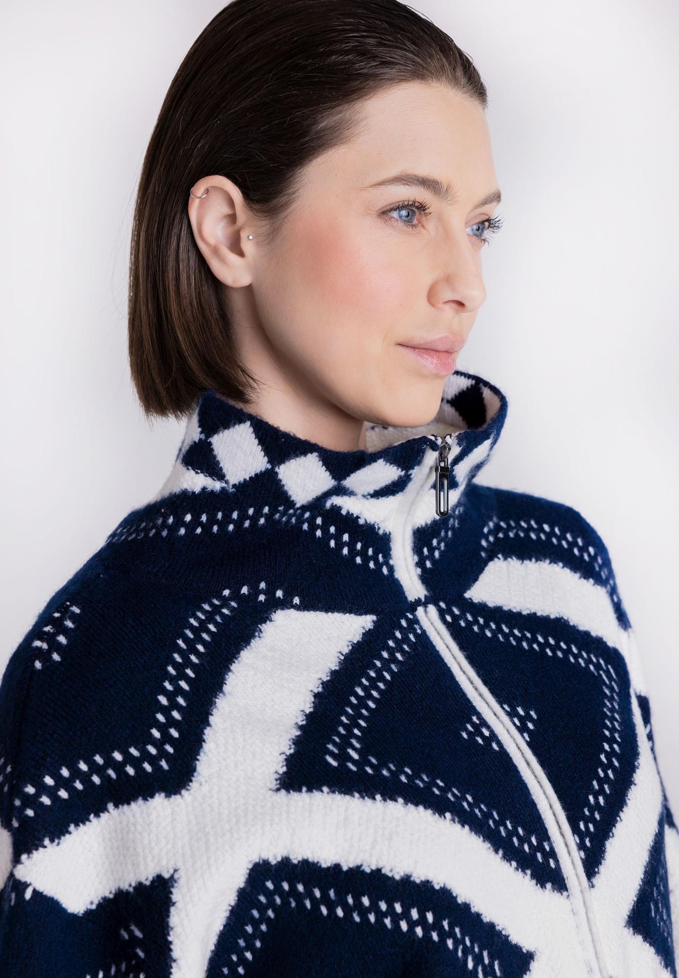 cardigan, Reißverschluss, Geometrisch, Strick, Marineblau, Jersey, Zipjacke, Geometrischer Muster, Dunkelblau, Weiß, Zwollemertrage, Kunstfaser, Zopfmuster, Reißverschluss, Pullover