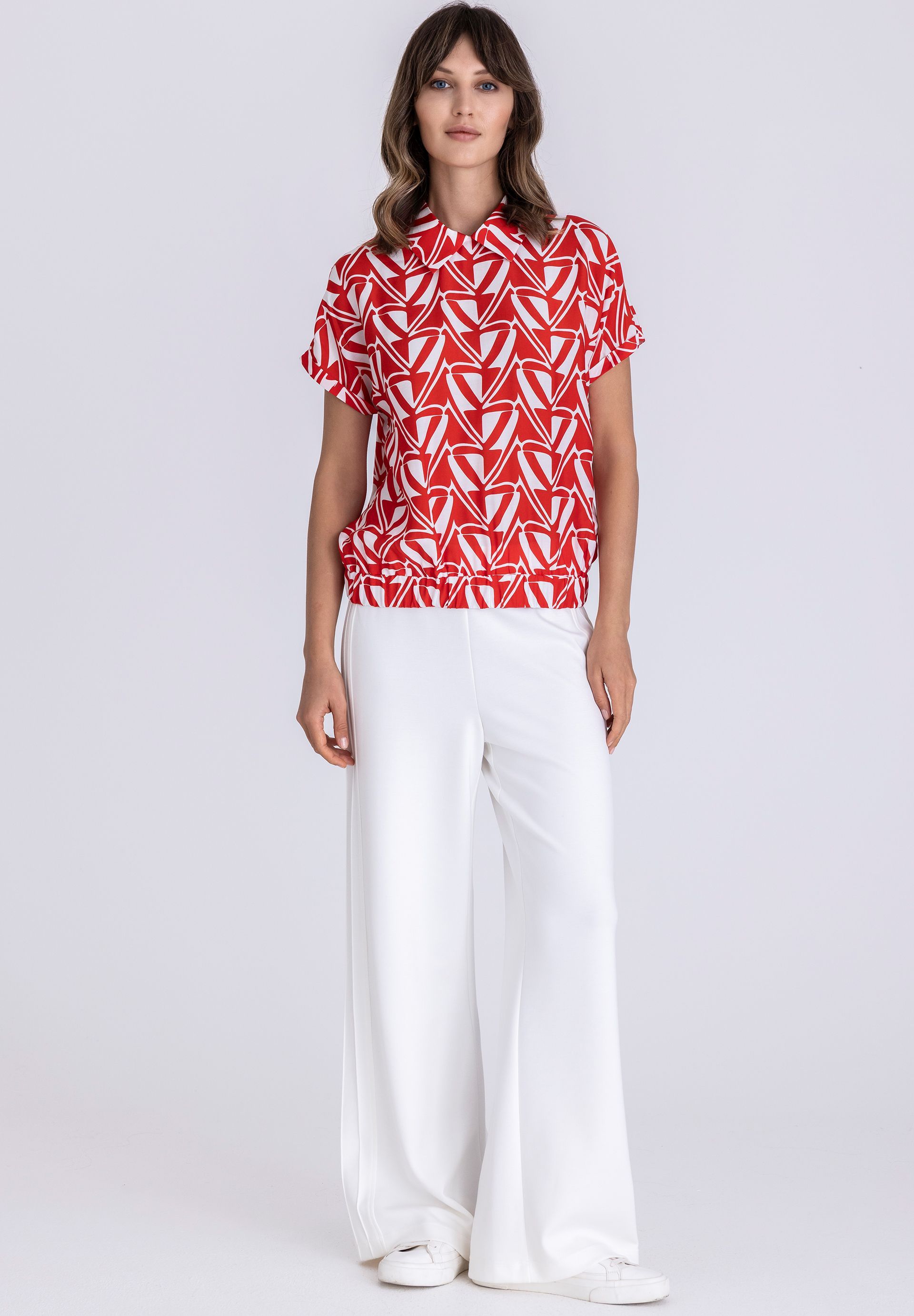 rot-weißes Muster, Polohemd, Kurzarm, geometrisches Muster, lose Passform