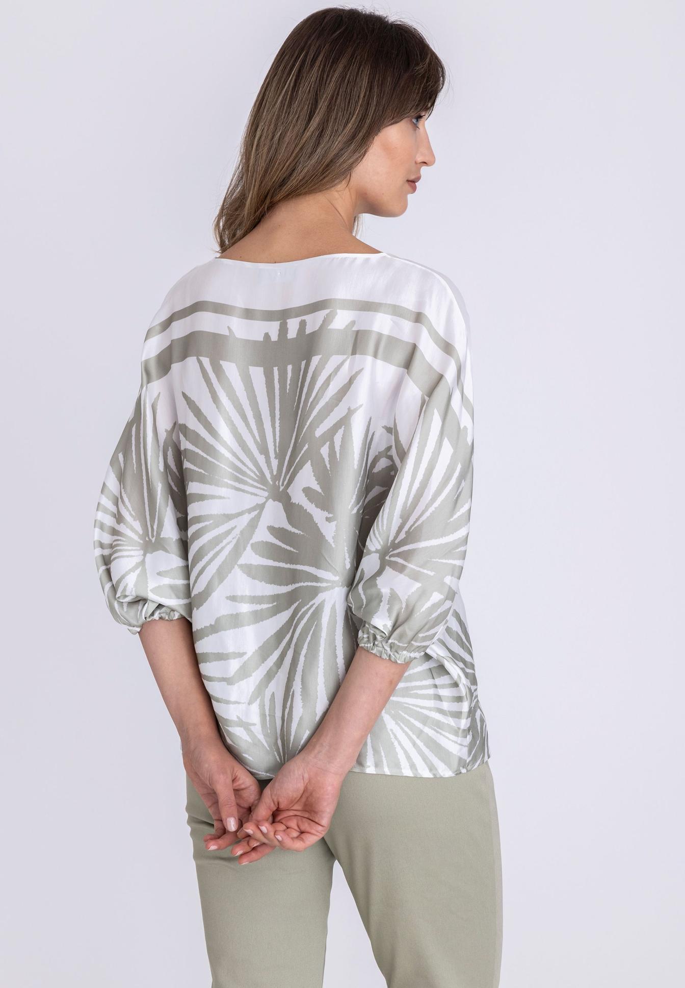 Bluse, Rundhals, Kimono-Ärmel, Blumenmuster, WeißGraues Muster, Bluse, Pattdornament, Luftig, Langarm, Rundhalsausschnitt, Bluse, Langarm, Rundhalsausschnitt, Blättermuster, Hellgrau