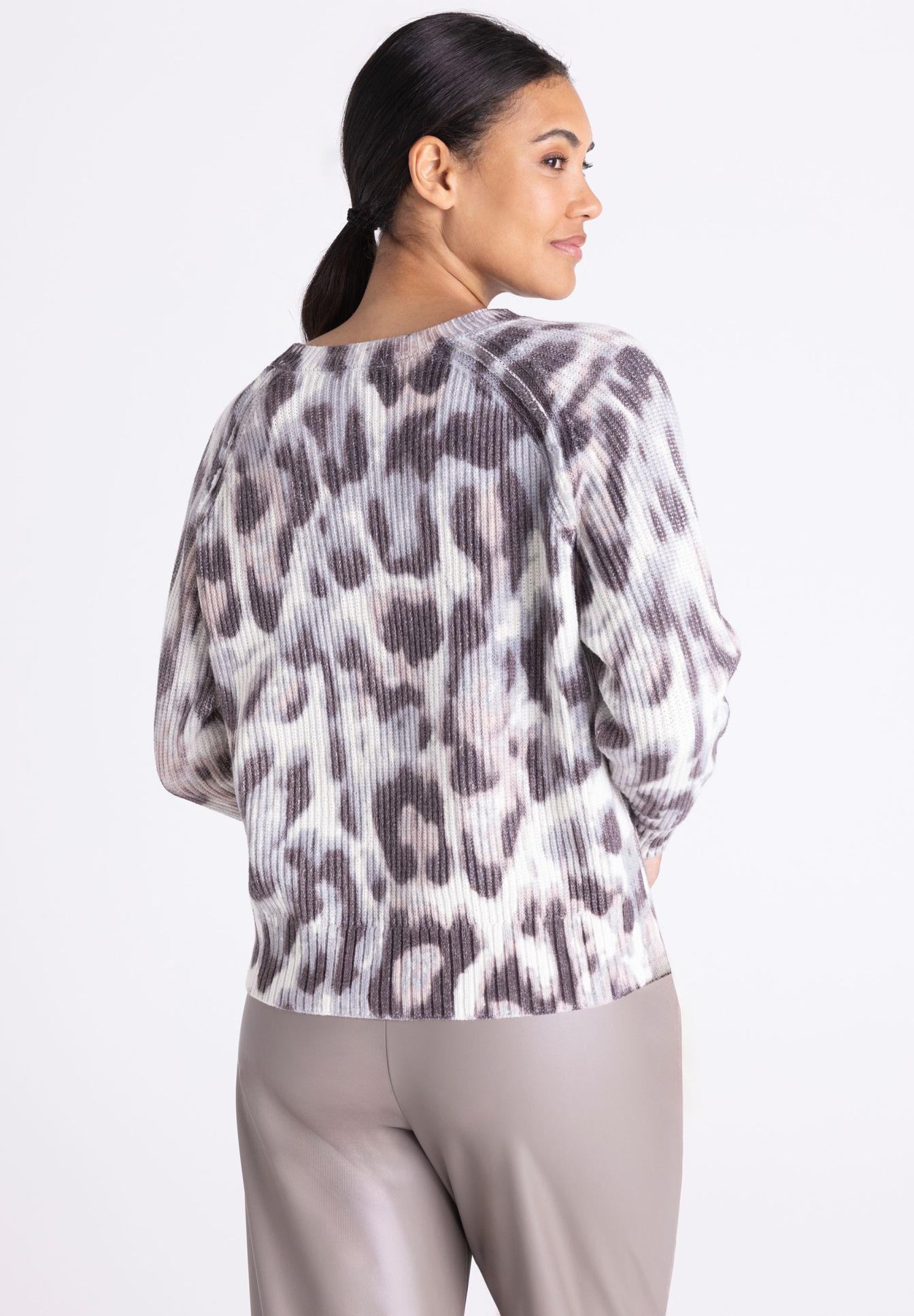 Leopardenmuster, Pullover, Rippenstruktur, Oversized, Langarm, Tierprint, Leopardendruck, Strickpullover, Langarm, Grau-Beige, Pullover, Lederlook, Tiermuster, Gedruckt, Rundhalsausschnitt