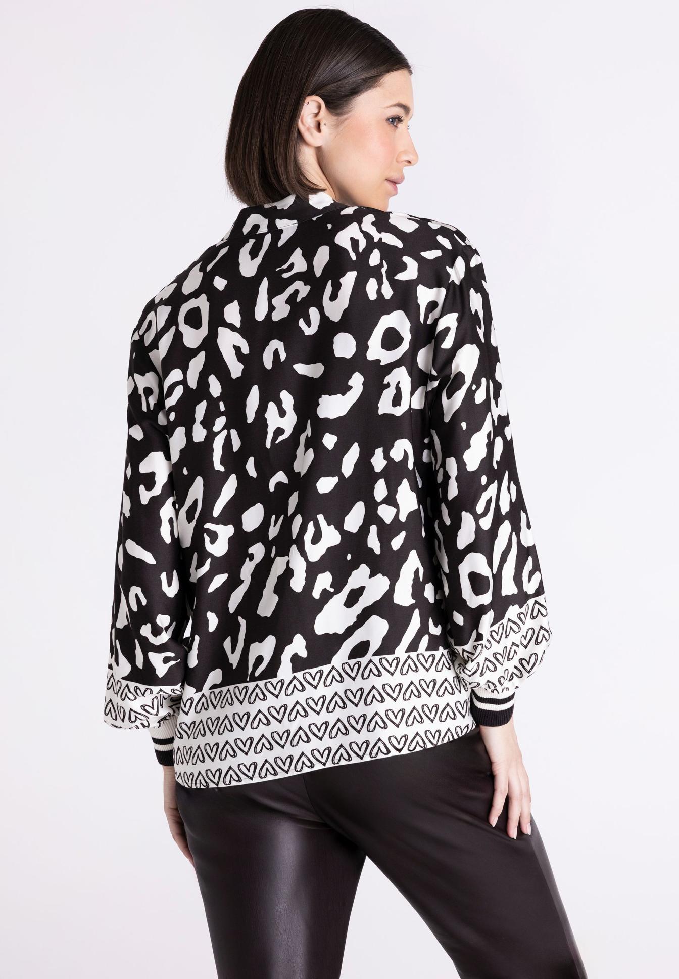Animalprint, Schwarz, Weiß, Gemustert, Langarmshirt, Leopardendruck, Lose Jacke, Überwurf, Schwarz-Weiß, Barockrand, Bluse, Animal-Print, Schwarz-Weiß, gemusterte Bluse, Rippbündchen