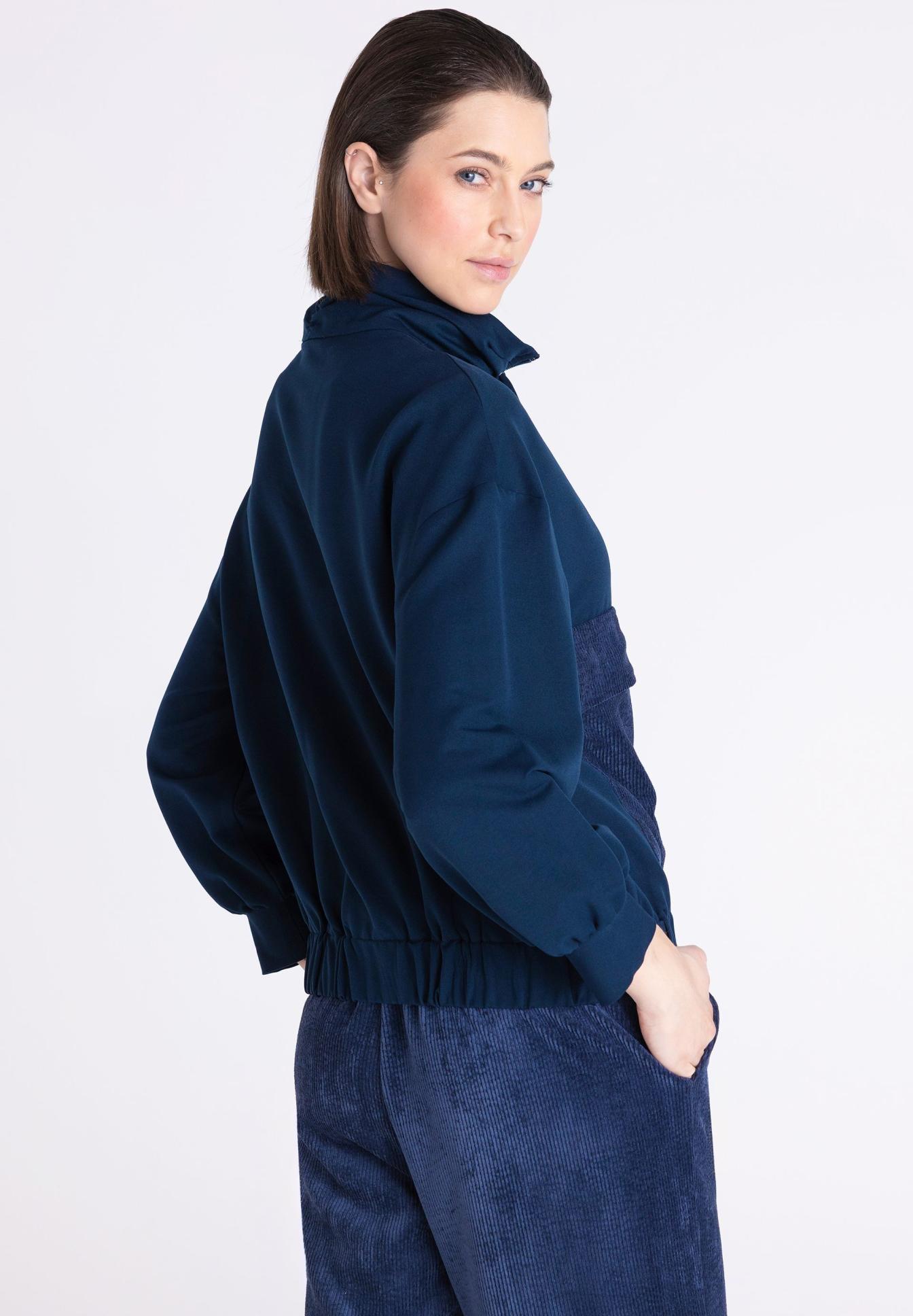 Bluse, dunkelblau, jacke mit elastischem Bund, Puffärmel, elastischer Saum, Blouson, Jersey, dunkelblau, Kragenband, elastischer Saum, dunkelblau, Bomberjacke, Fleece, Kordelzug, Cord