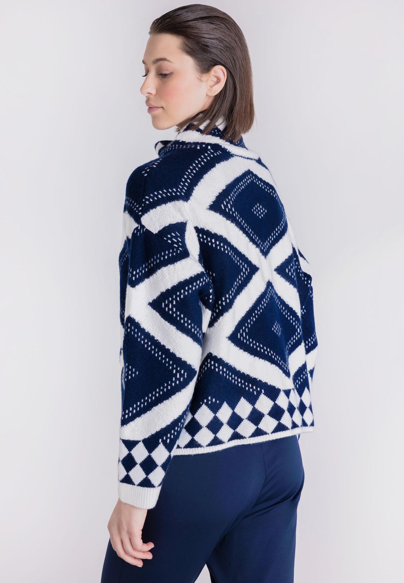 Pullover, Wollpullover, Geometrischer Muster, Navy, Oversized, Strickjacke, Damen, Gemusterte Jacke, Oversize, Blau-Weiß, Cardigan, Gemustertes Oberteil, Strickware, Blau-weiß, Geometrisches Muster