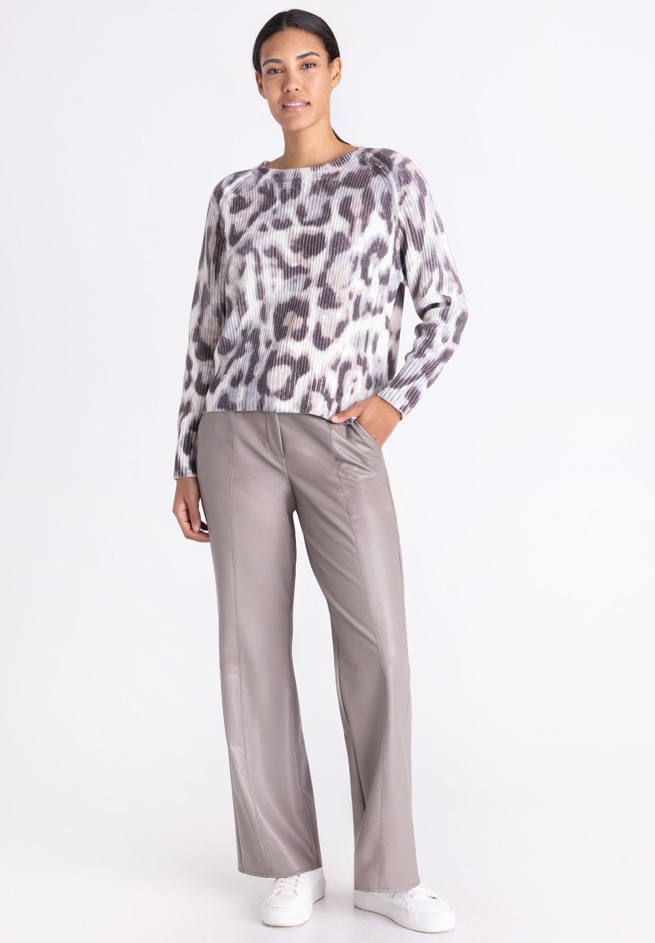 Lace-Up Pattern, Knitted Sweater, Animal Print, Gray, Wide Leg Pants, Pullover, Tiered pattern, Leopard print, Mesh-knit, Lässig-Top, Pullover, Löweprint, Lederlook-Hose, Beige, Casual