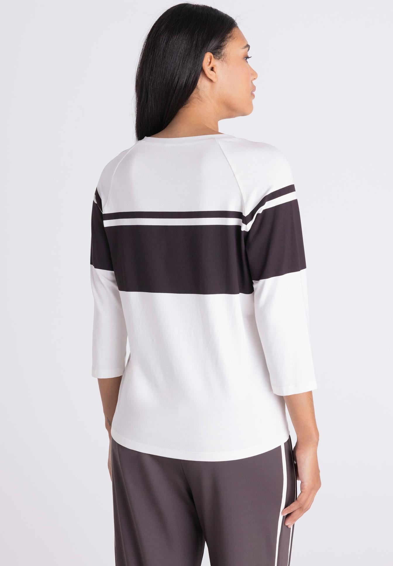three-quarter sleeve, gestreifter Oberteil, weiß schwarz, Farbblock, entspannte Passform, T-Shirt, Rückenseite, dunkelgraue Streifen, 3/4 Ärmel, langlebiges Material,  gestreiftes Oberteil,  weißes Oberteil,  Dreiviertelarm,  colorblock,  Freizeitkleidung