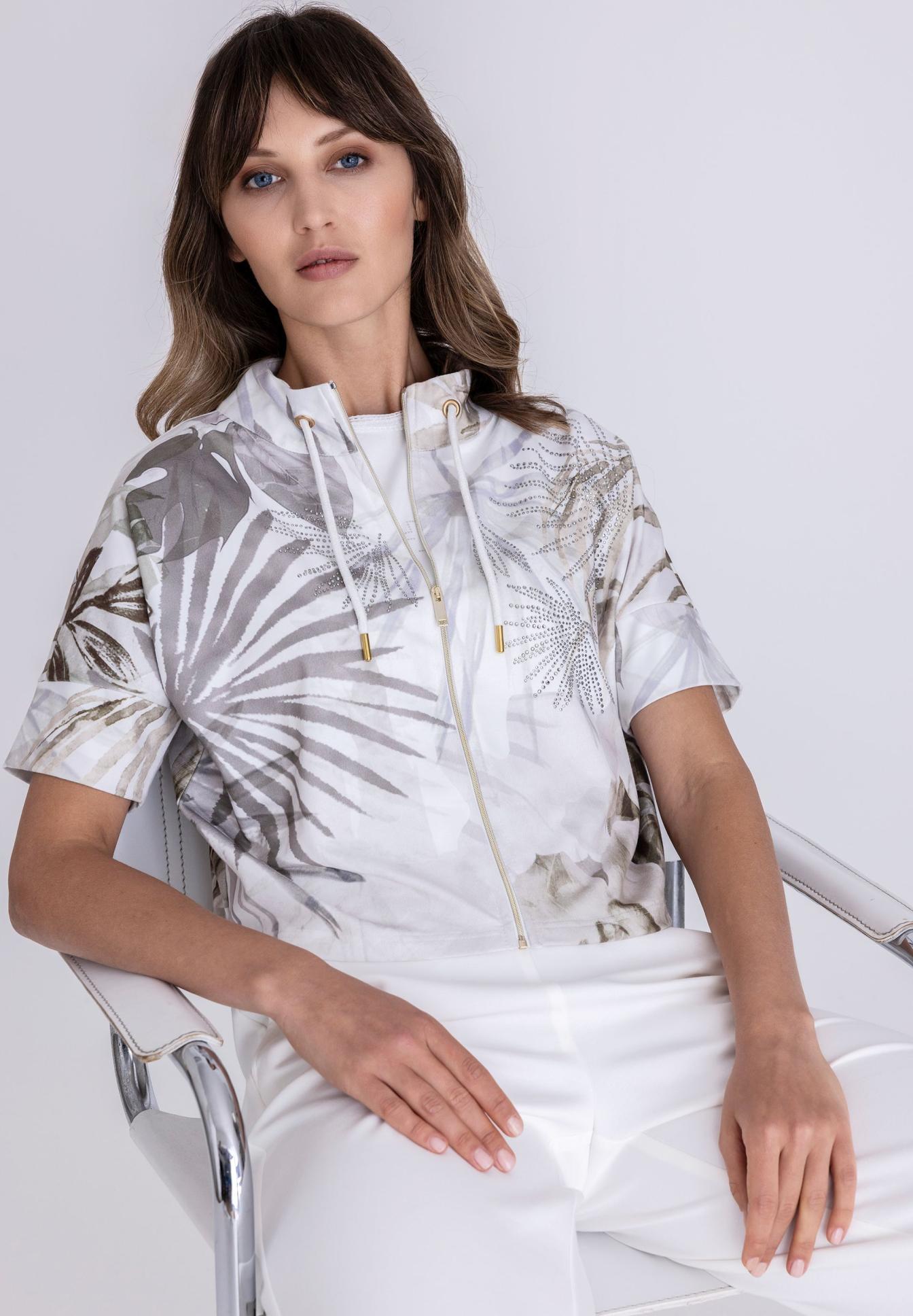 Hoodie, Kurzarm-Hoodie, Kombiniert-Print, Leaf-Print, Zugkordel, Hoodie, Kurzarm-Hoodie, Pflanzenmuster, Zweifarbiger Druck, Reißverschluss, Hoodie, Zweireihiger Zip, Kurzarm, Lichtes Muster, Palm Print