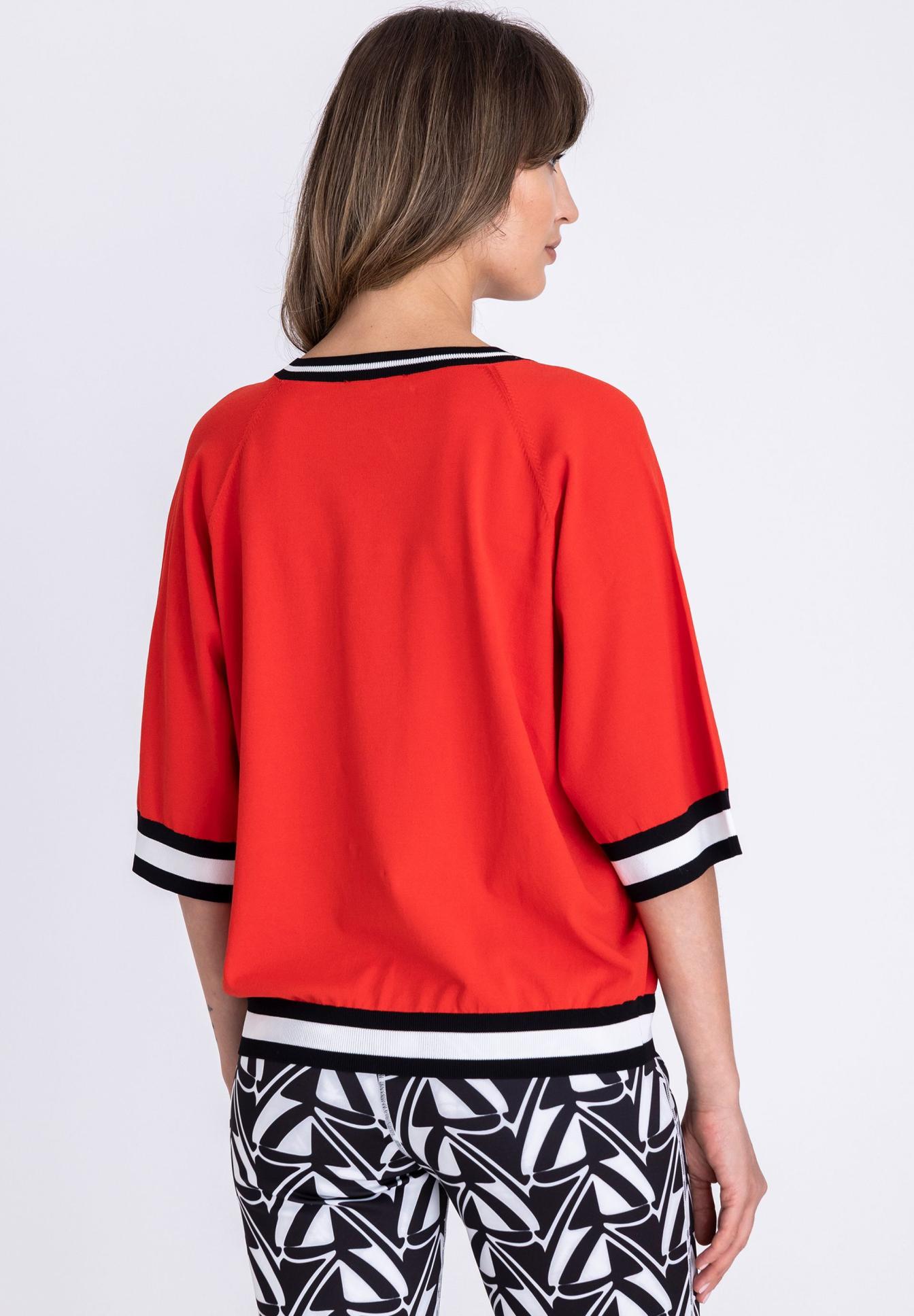 rot, jacke, 3/4-ärmel, rippstrick, damensportjacke, rotejacke, drapierte jacke, 3/4-ärmel, strickrand, sportlich, rote jacke, legerjacke, 3/4-ärmel, rippbündchen, schwarz-weißes muster