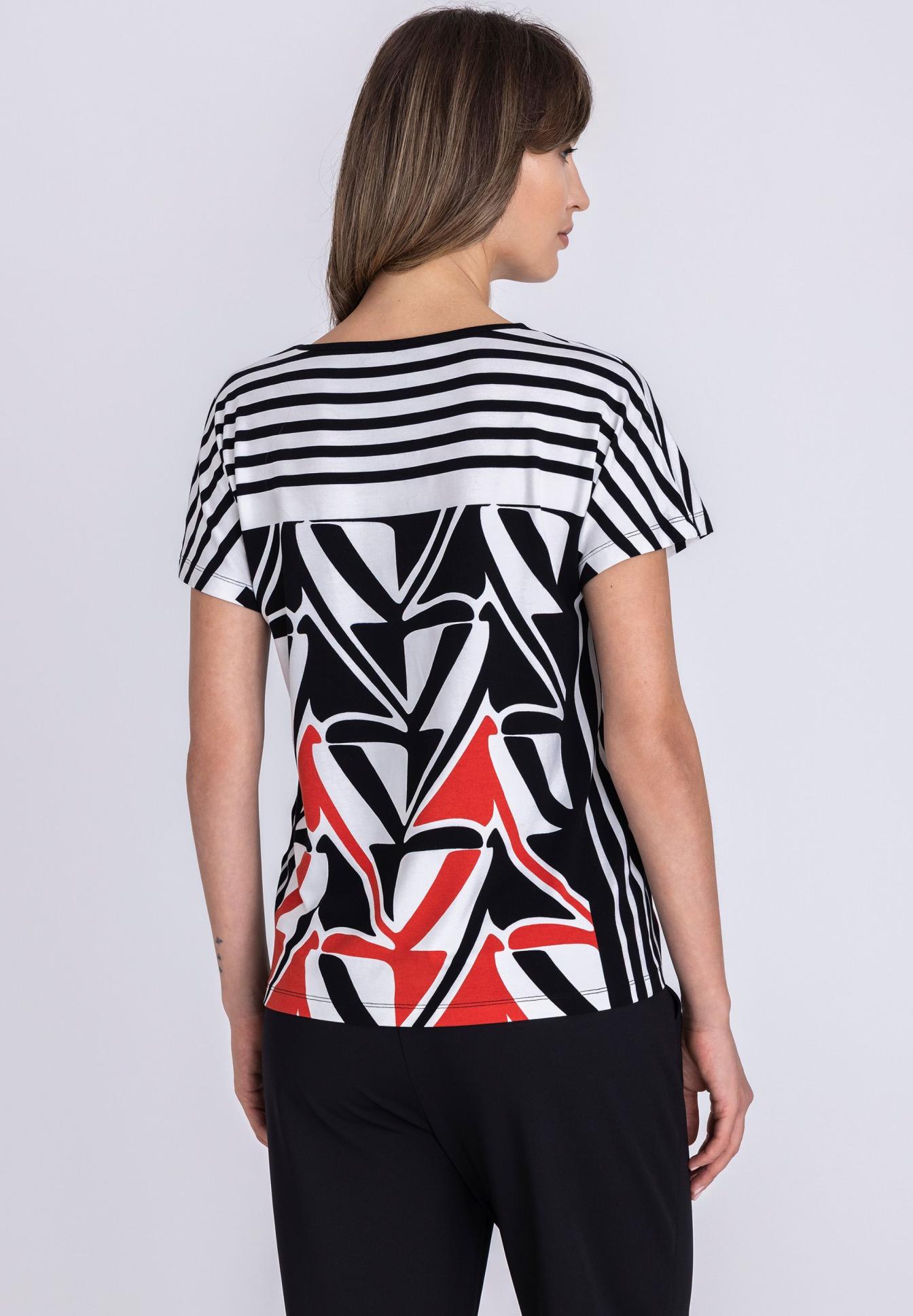 T-Shirt, Kurzarm, Gestreift, Schwarz-Weiß, abstraktes Muster, T-Shirt, Kurzarm, Streifen, Mustermix, mehrfarbig, T-Shirt, Kurzarm, Streifen, Druckmuster, Multi-Pattern, T-Shirt, Kurzarm, Schwarzweiß, Streifen, geometrisch Muster