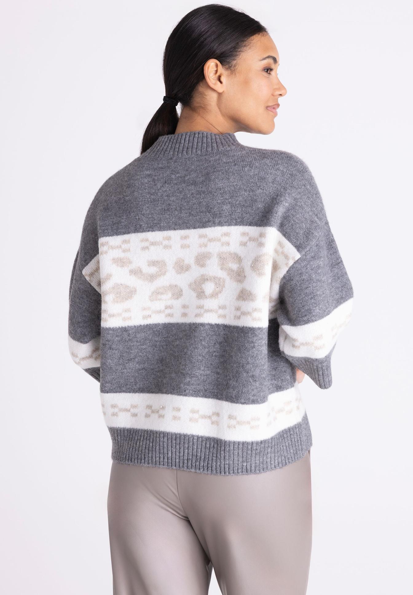 Strickpullover, Oversize, Graues Sweater, Streifenmuster, Leopardenmuster, Pullover, Gestreift, Strickware, Grau, Oversized, tolled sweater, striped knit, gray sweater, leopard print band, oversized fit, Strickpullover, Grau, Oversized, Print, Streifen