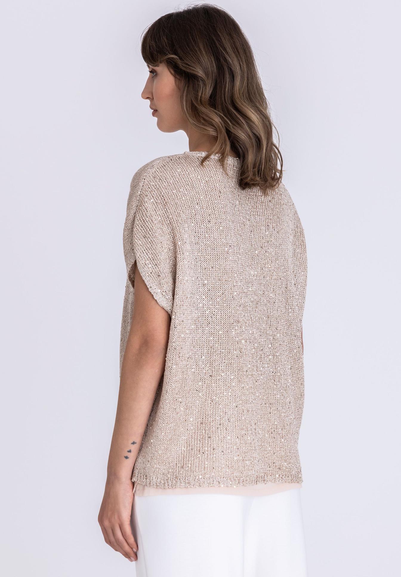 -knit-top, beige, short-sleeve, loose-fit, textured-fabric