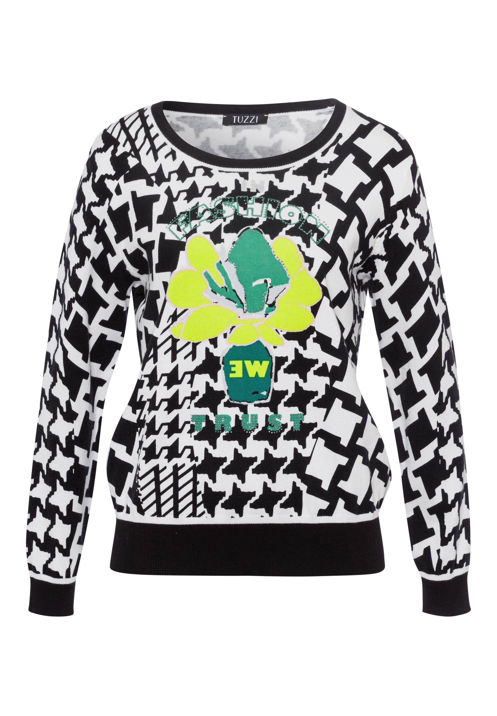 Strickpullover mit Hahnentrittmuster und Frontprint - Produktbild 1