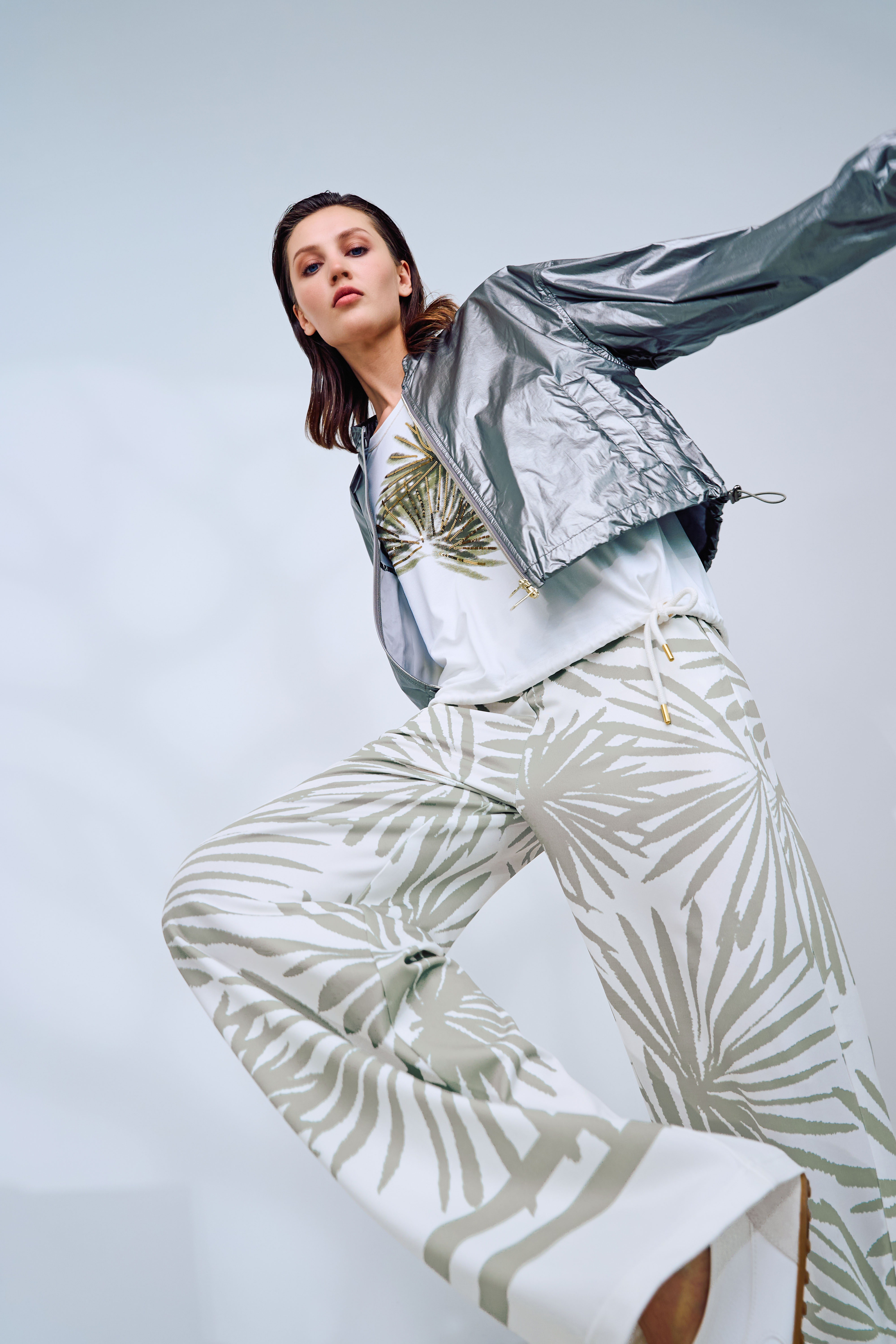 jacke, windbreaker, metallisch, Palmenprint, hose, athleisure