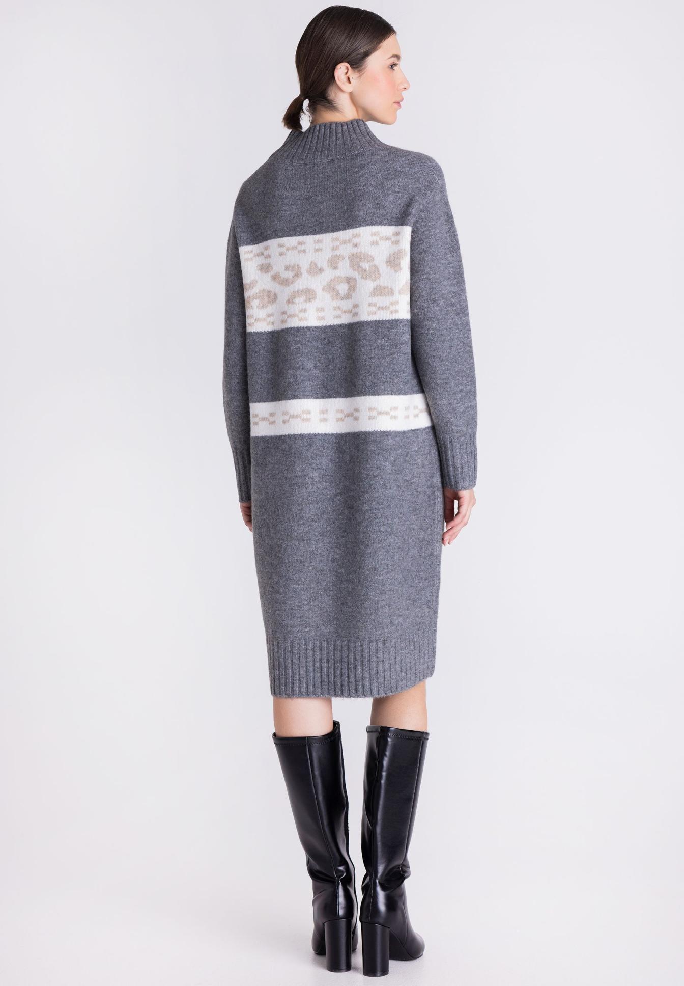 woolen dress, turtleneck sweater dress, gray knit, pattern band, knee-length, knit dress, Rollkragen, lange Ärmel, Mid-Oberschenkel, strickkleid