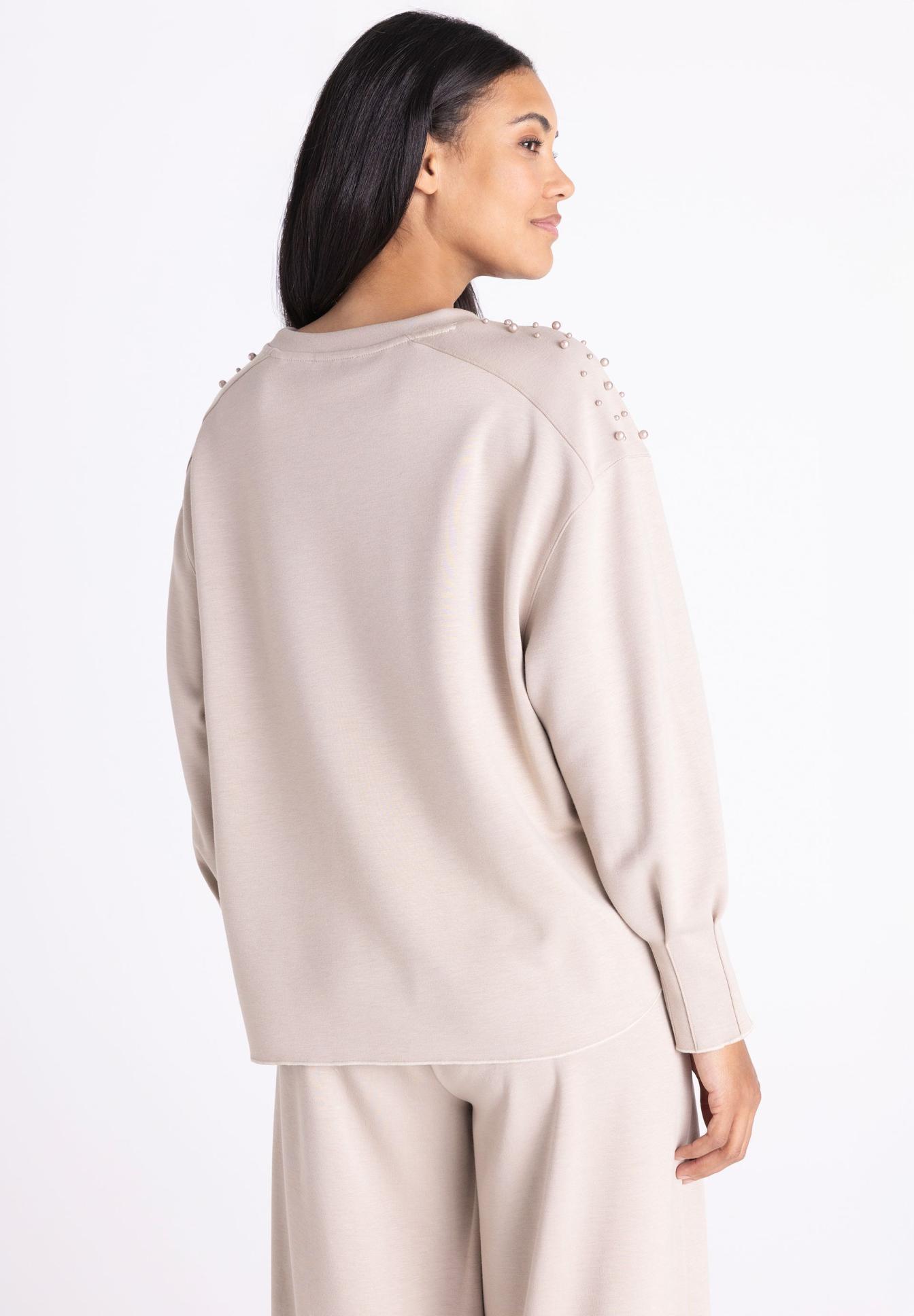 Sweatshirt, Beige, Bemalte Schultern?, Lange Ärmel, Casual Passform, Sweatshirt, Beige, Pailletten, Langarm, Oversized, beige Sweatshirt, Sweatshirt, Perlenverzierungen, Schulterverzierung, Langarm