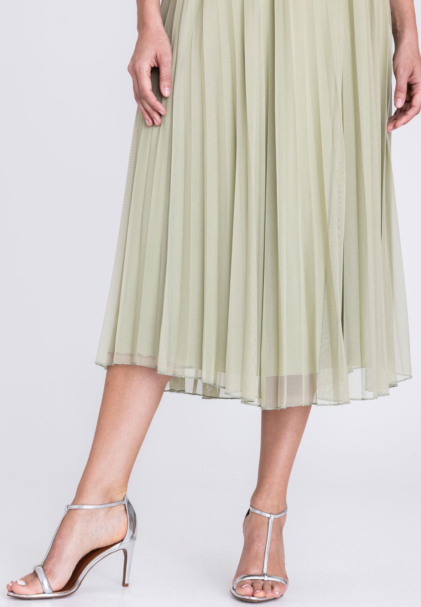 Midi Kleid, Plissee, Nude?, Midikleid?, Pleated, Chiffon, Pastellgrün, Riemchenpumps, Midi-Ausbrenner, Leder?, Plissee, Chiffon, Beige-Grün