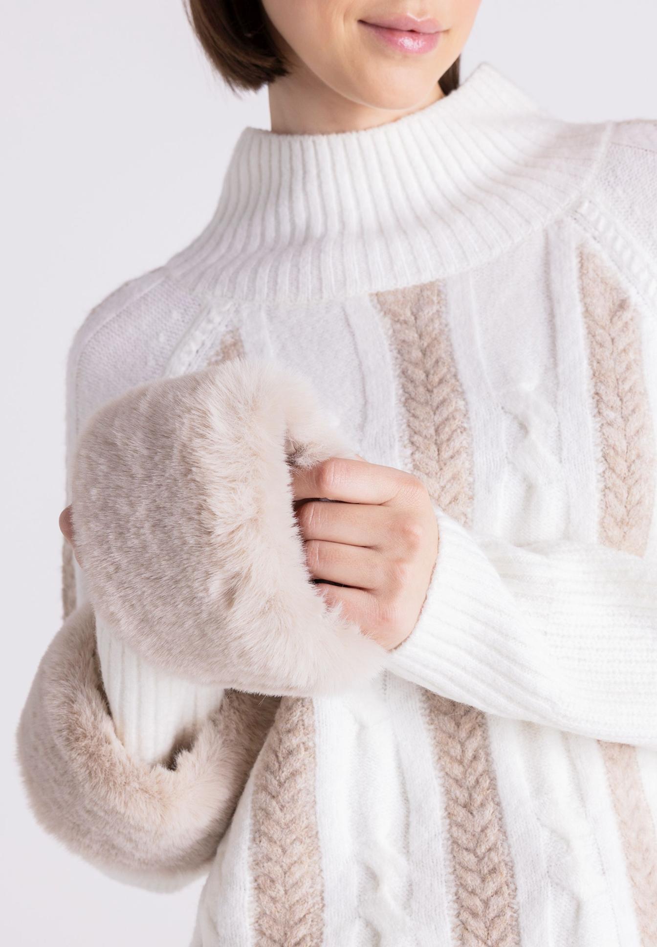 Pullover, Rollkragen, Strick, Fellbürste, Creme, Pullover, Kabelärmel, Rollkragen, Strickmaterial, Fellakzent, Kunstpelz, Mantel, Kleidung, rollbare Manschette, Weiß beige