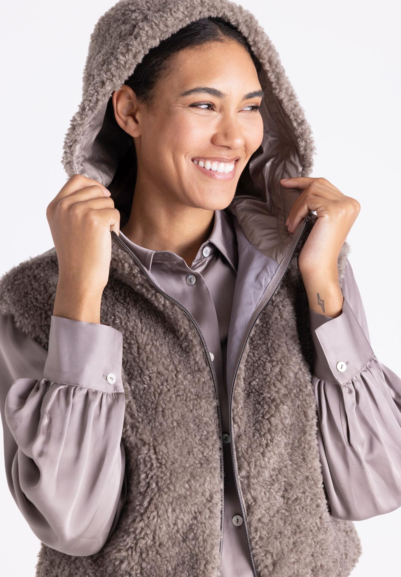Fleece, Hooded vest, Sherpa, Taupe, Zipper, Fleecejacke, Weste, Kapuze, grau-beige, Schnellverschluss