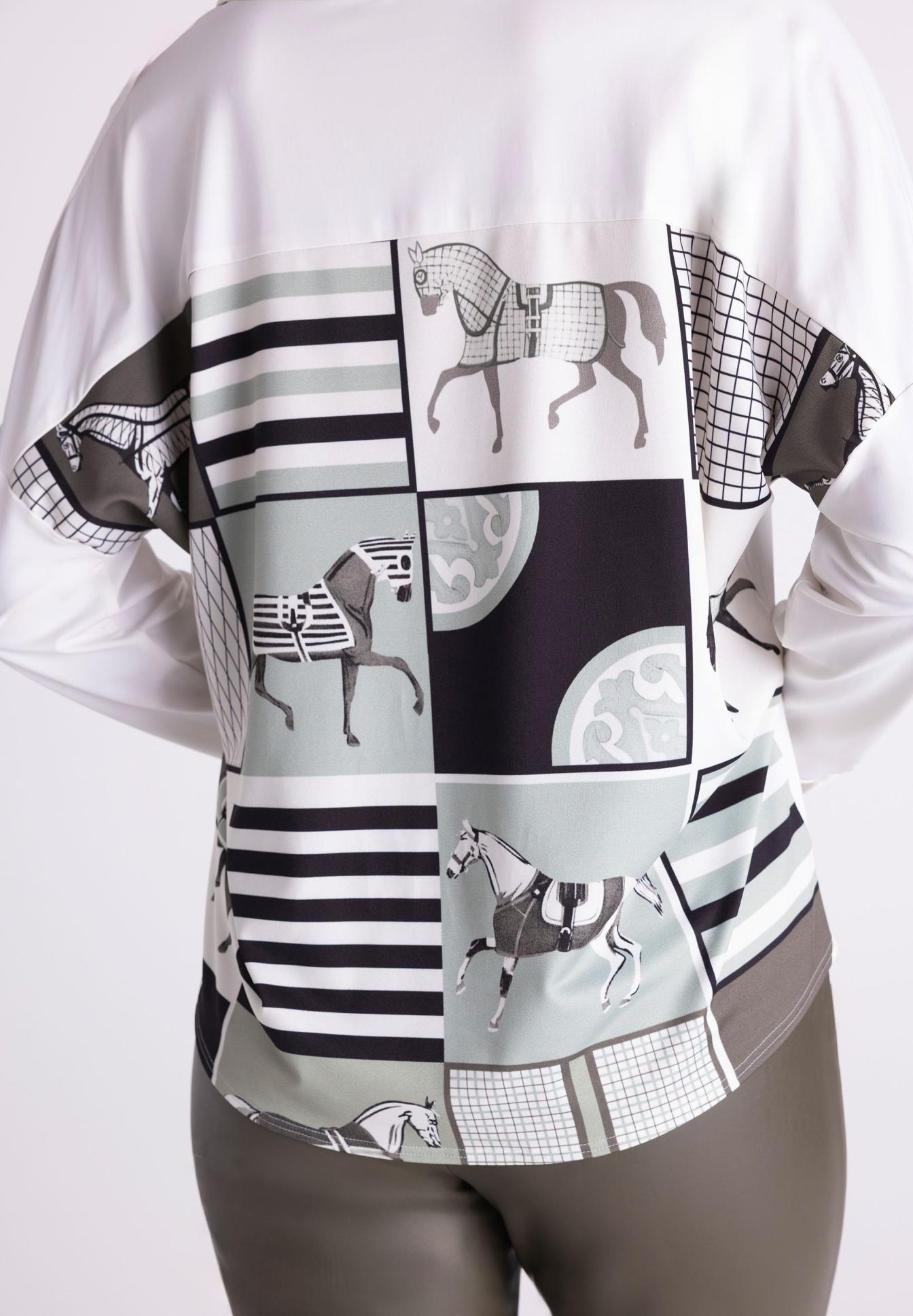 jacke, hemdenmuster, quadrate, pferdeprint, wesenicht, Hemdjacke, Hinterteil-Design, Hengst-Muster, Quader-Motiv, Graue Töne, bluse, muster, pferd, panelendruck, weiß-grautöne, shirt, pattern, horse, print, long-sleeve, shirt, pattern, horses, grid, white