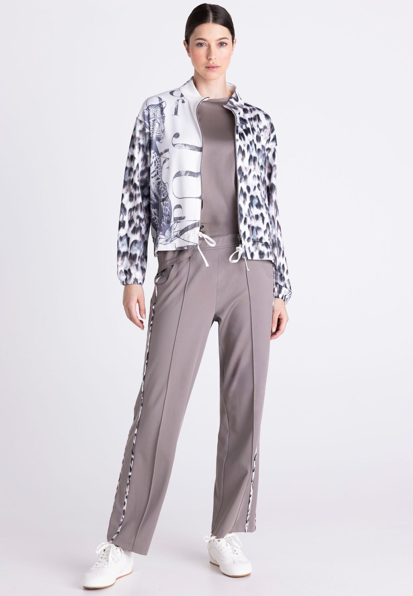 jacke, druck, leopard, sportbekleidung, hose mit seitensstreifen, jacke, gemusterte jacke, tierprint, kordelzug taille, hose-anzug