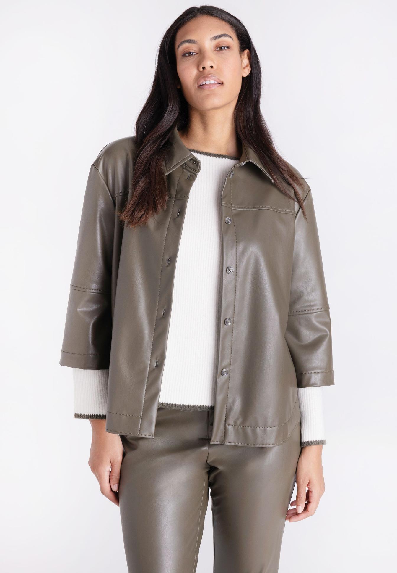 Lederjacke, Overshirt, Kunstleder, militärgrün, Jackenlook, lederjacke, jacke, olivgrün, lackleder, outfit, Lederjacke, Bomberjacke, Oversized, Knopfverschluss, uni brown, Lederjacke, Oversize, Jersey, Olive, Mantel-Look