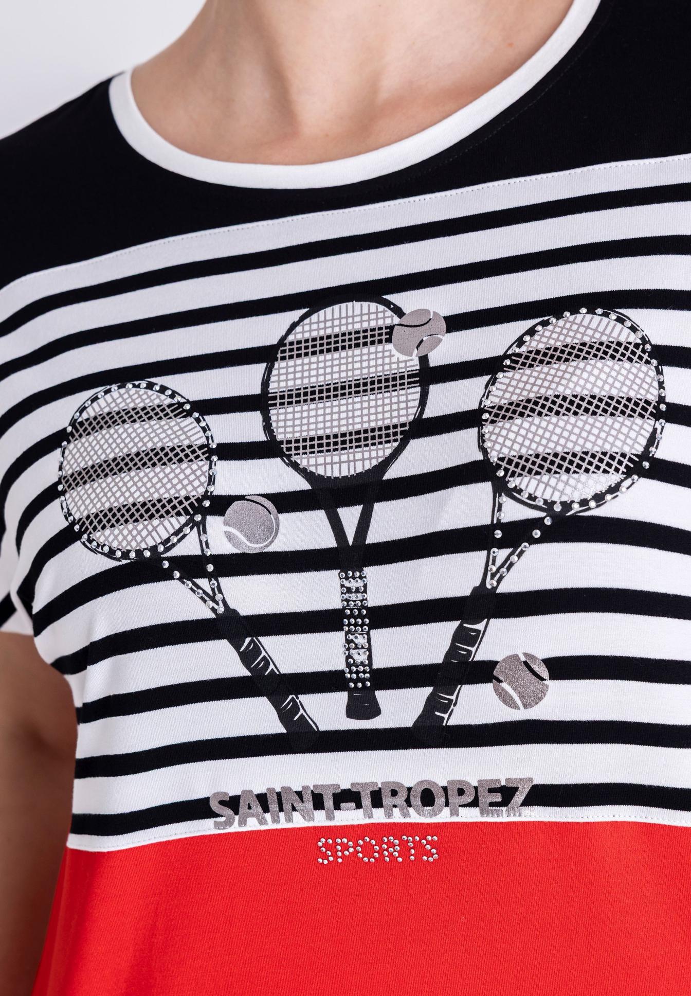 T-Shirt, Streifen, Tennis-Schläger, Sport-Print, Saint-Tropez, T-Shirt, Streifen, Bälle, Schläger, Saint-Tropez, T-Shirt, Rundhals, Streifen, Schwarz-Weiß, Tennisprint, gestreift, T-Shirt, Grafik, Tennis-Schläger, Saint-Tropez Sport