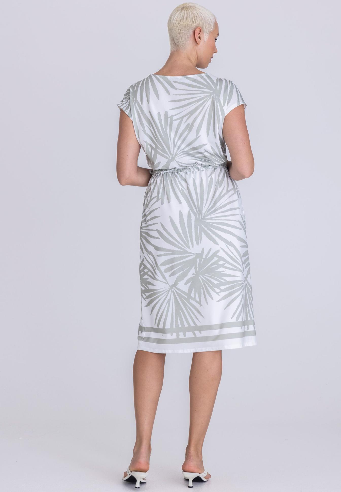 Maxi-Kleid, Print-Kleid, Palmenblatt-Muster, Hellgrau, Kurzarm, Kleid, Kleid mit Muster, Sommerkleid, Midi-Länge, Palmblatt-Druck, Kleid, knielang, kurzarmig, zugband Taille, Palmenblatt Muster