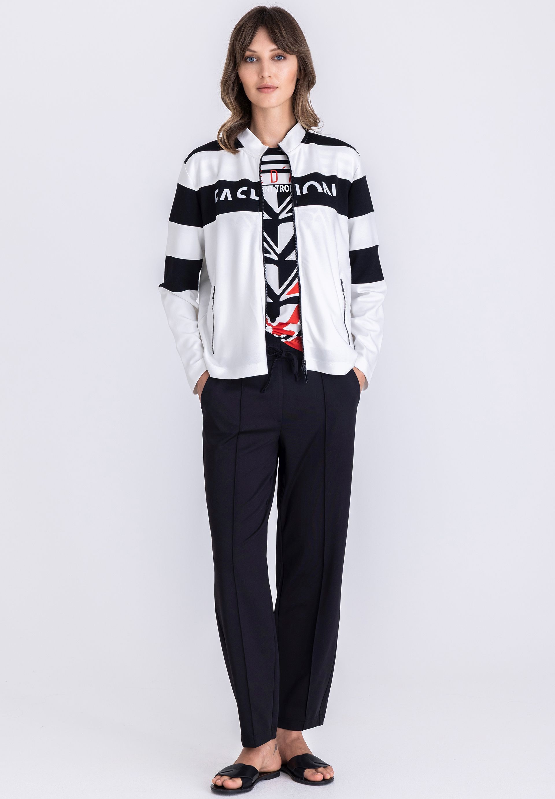 jacke, streifen, reißverschluss, weiß, damen