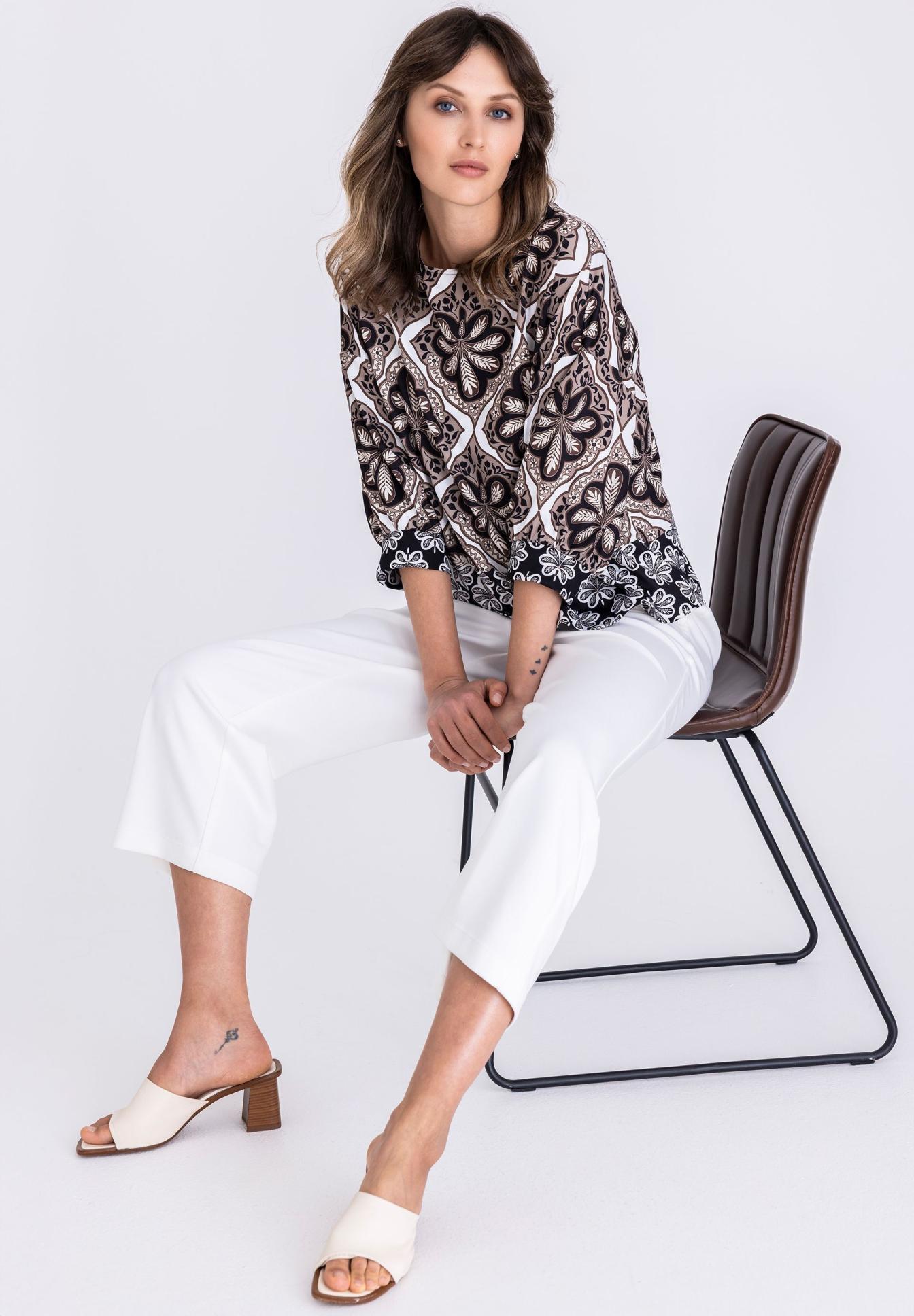 Bluse, Top, Blütenmuster, Kurzarm, Schwarz-weiß