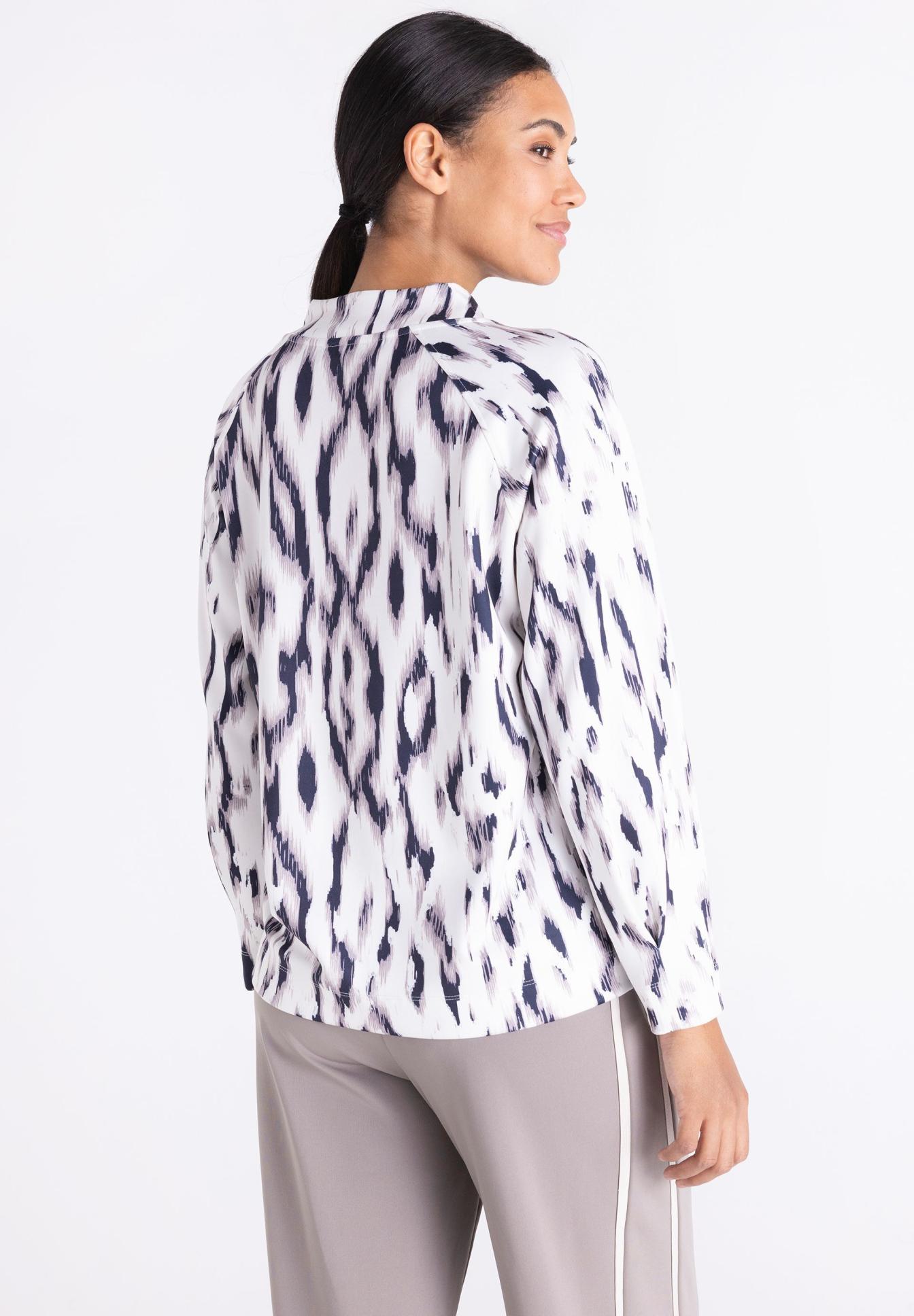 Bluse, Oversized, Animalprint, Langarm, WeißSchwarz, bluse, muster, langarm, weiß, dunkelblau, Bluse, Print, Ikat, Langarm, Weiß-schwarz