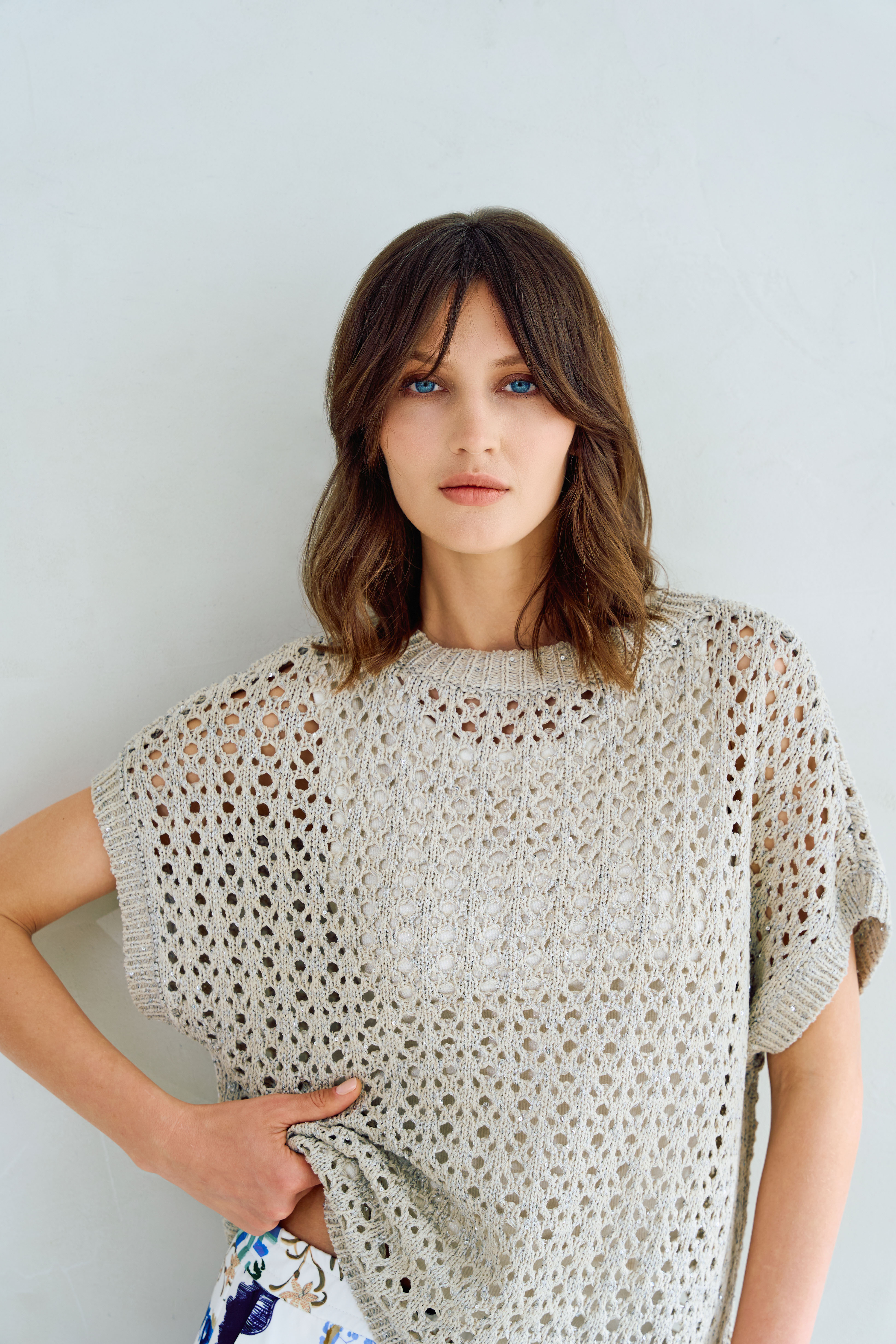 Strickpullover, Oversized, Lochmuster, Beige, Kurzesleepschnitt
