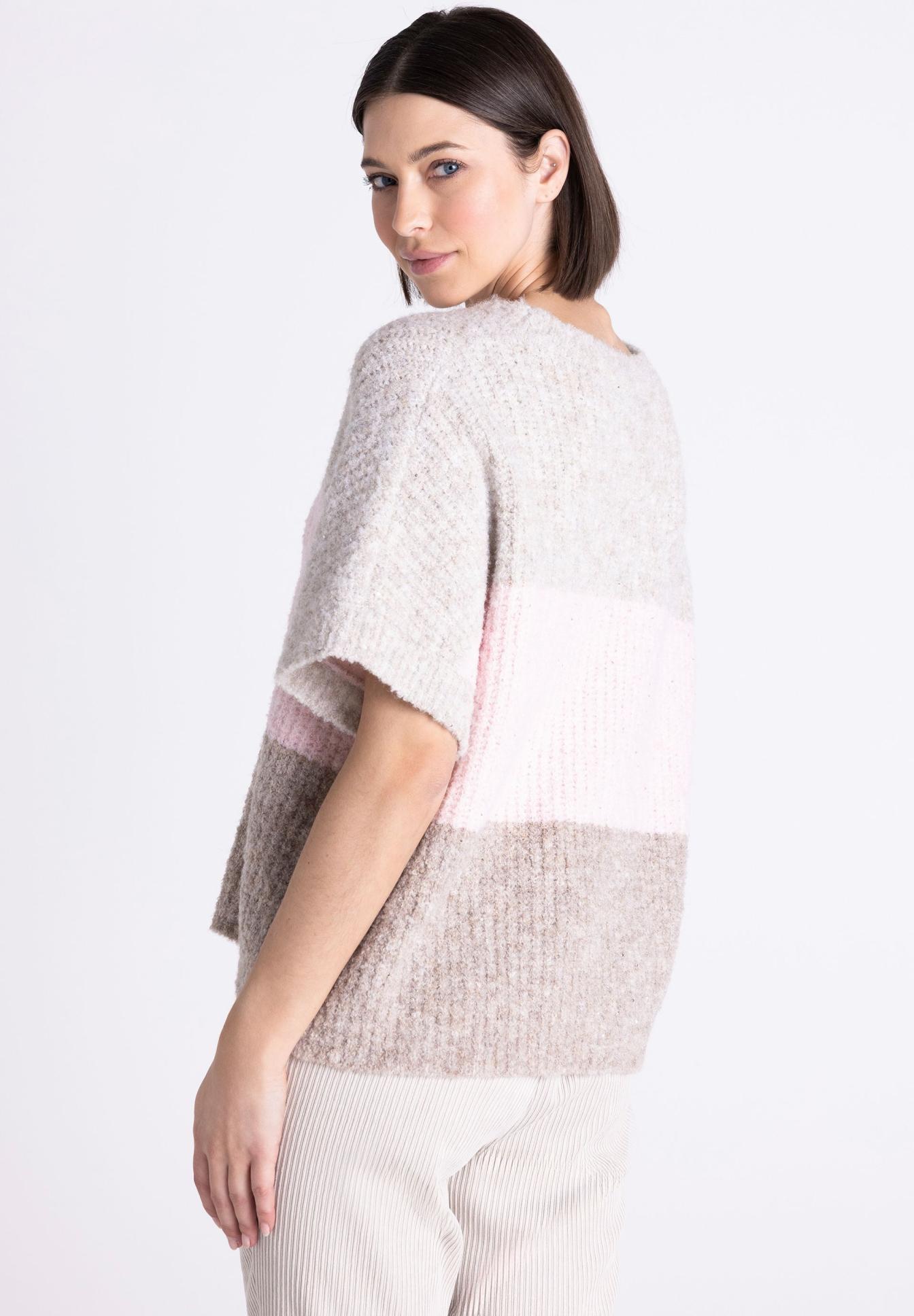Strickpullover, Oversized, Short Sleeve, Mehrfarbig, Kastiger Stil, pullover, strickpullover, oversized, farbenblock, sekundärstreifen, pullover, strickpullover, oversize, pastellfarben, gestreift