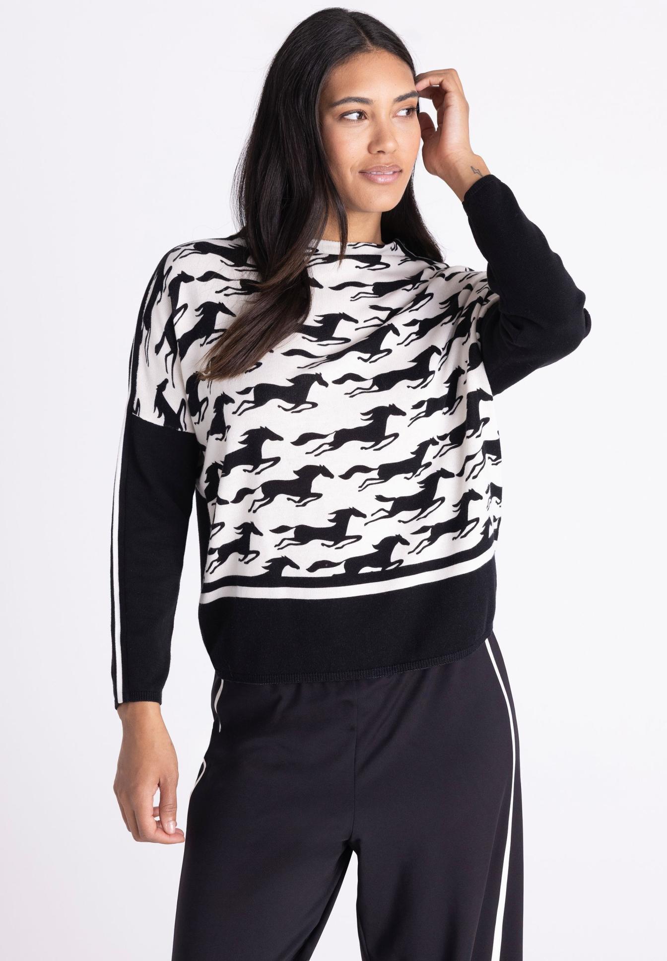 pulli, long sleeve, schwarz-weiß Muster, pferd Muster, raglanärmel, Pullover, Sweatshirt, Druck Muster, Schwarz-Weiß, Langarm, Pullover, Drachenprint, Schwarz-Weiß, Strickpullover, Longsleeve, Pullover, Muster, Langarm, Schwarz-Weiß, Horses-Print