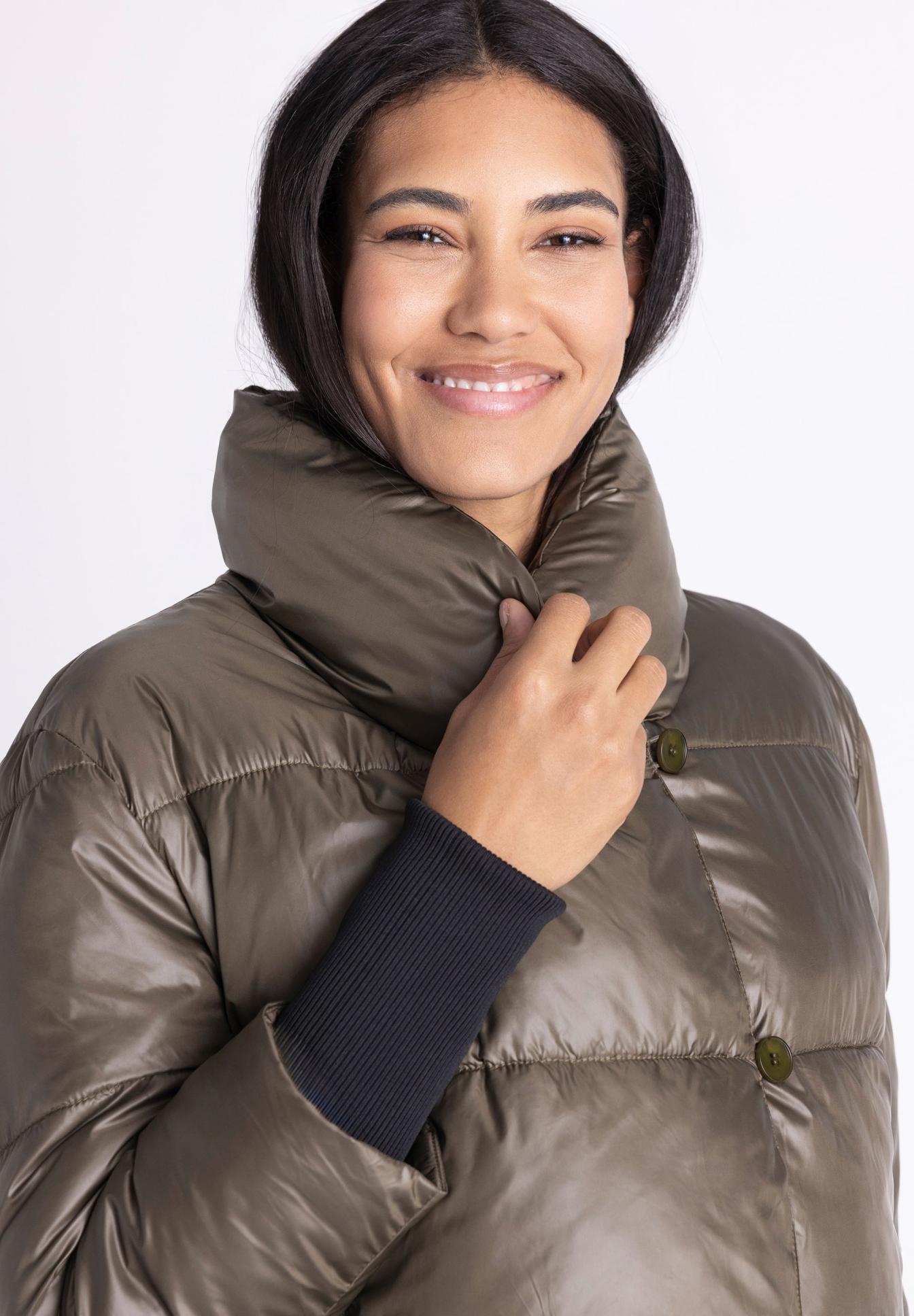 Pufferjacke, Daunenjacke, Hochkragen, Olive, Langarm-Strick