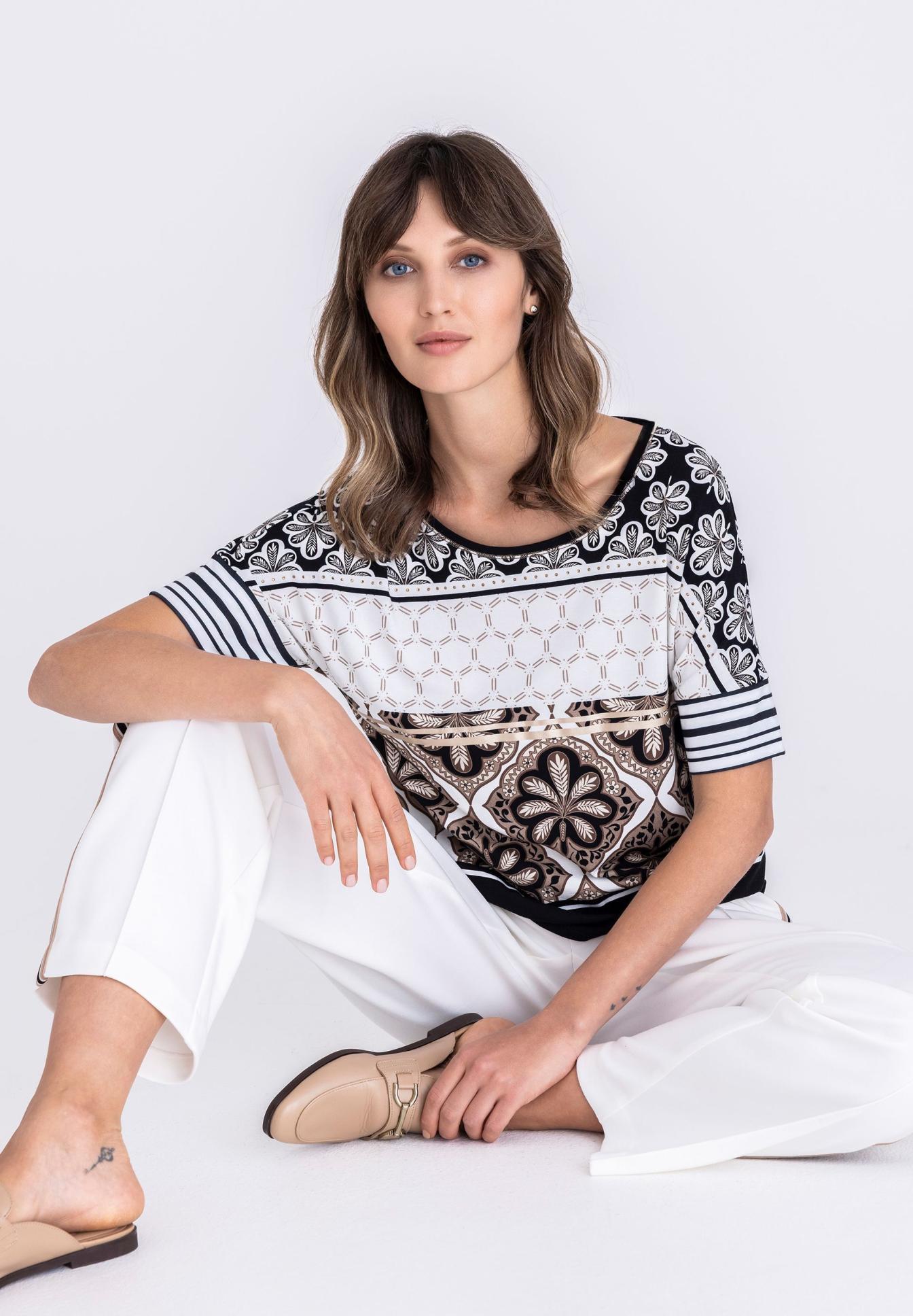 Top mit Muster, Kurze Ärmel, Spitzenmuster, Weiß/Schwarz, Loafer