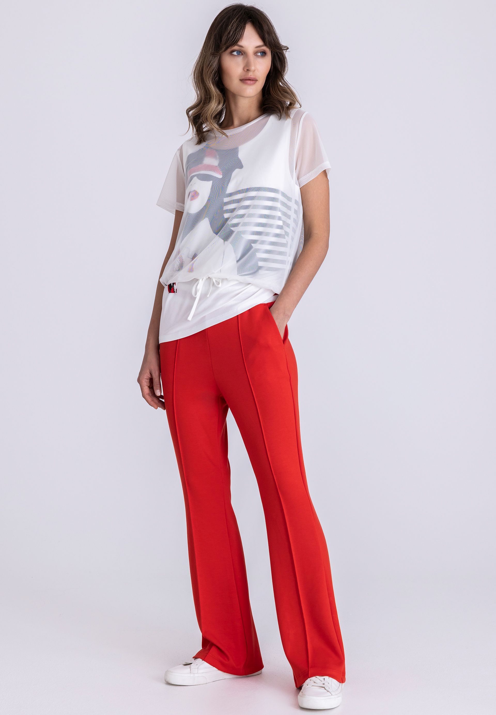 T-Shirt, Graphic, Mesh, White, Drawstring, Red trousers, Casual outfit, Women