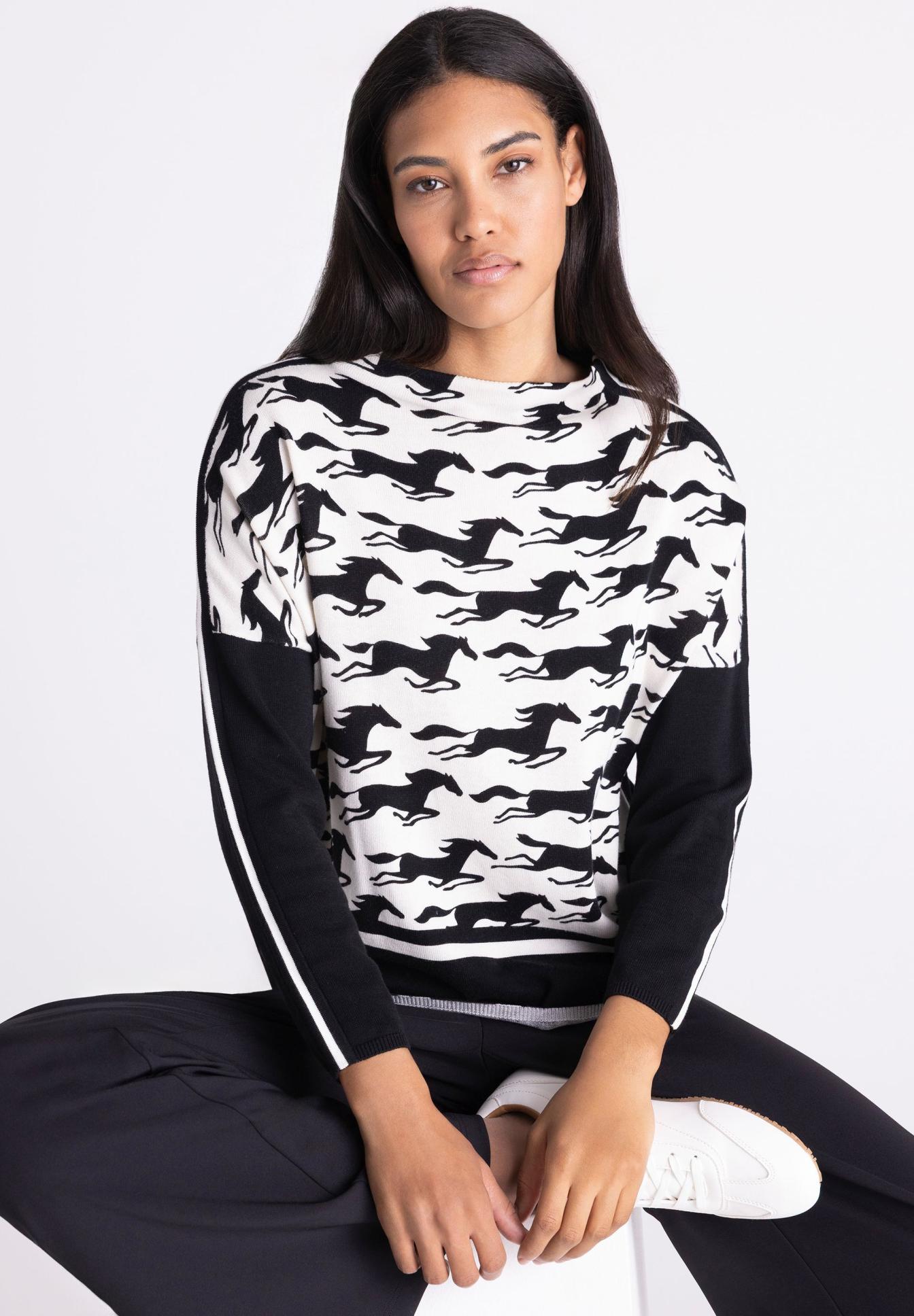 Statementshirt, Lauffähiges Muster, Hahnenmuster, Schwarz-Weiß, Crewneck, Pullover, Sweatshirt, Halsansatz, Hundeprint, Multi-Print, Pulli, Langarmshirt, Druckmotiv, Pferdeprint, Schwarz-Weiß, Pullover, Schwarz-Weiß, Drachenmuster, Raglan-Ärmel, Kragen?