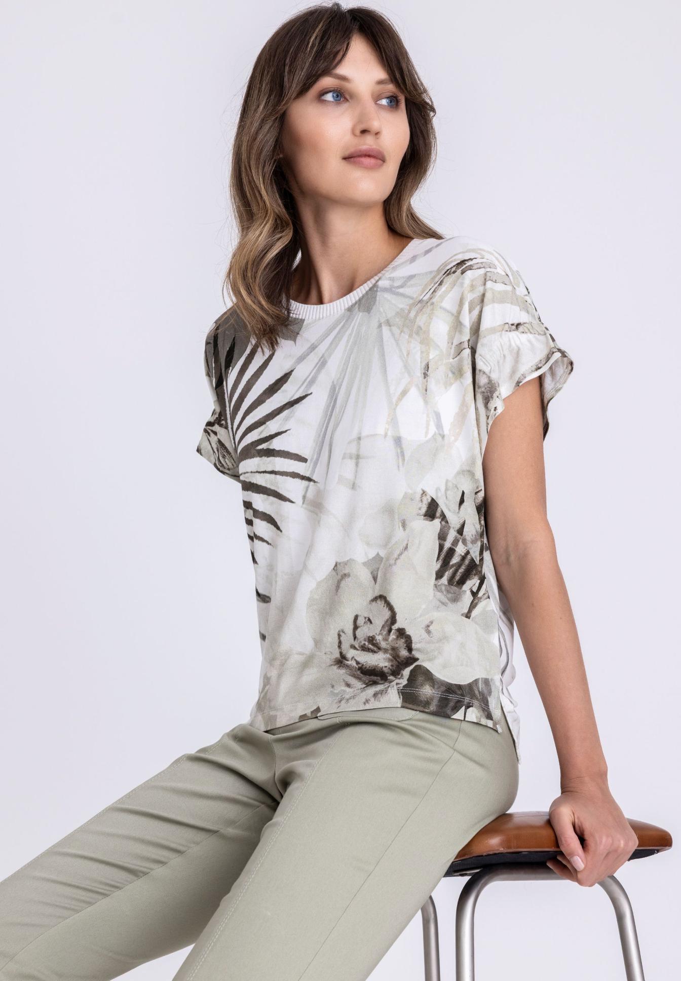 T-Shirt, Pflanzenprint, Top mit Muster, Kurzarm, Beige Töne, T-Shirt, Blättermuster, Kurzarm, Weiß, Mehrfarbig