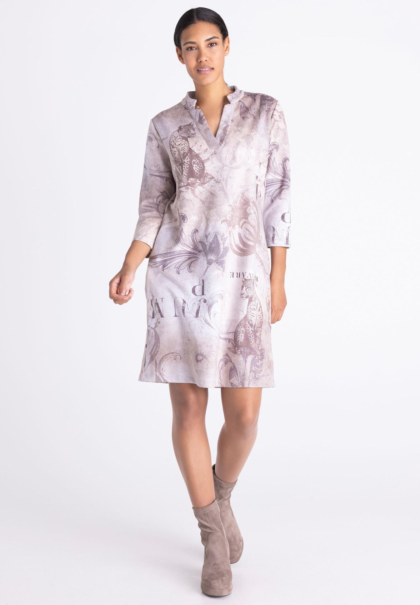 Kleid, Kleid mit Muster, Langarm-Shift, Graublau, Musterprint, Kleid, Shirtkleid, Printmuster, Langarm, Beige