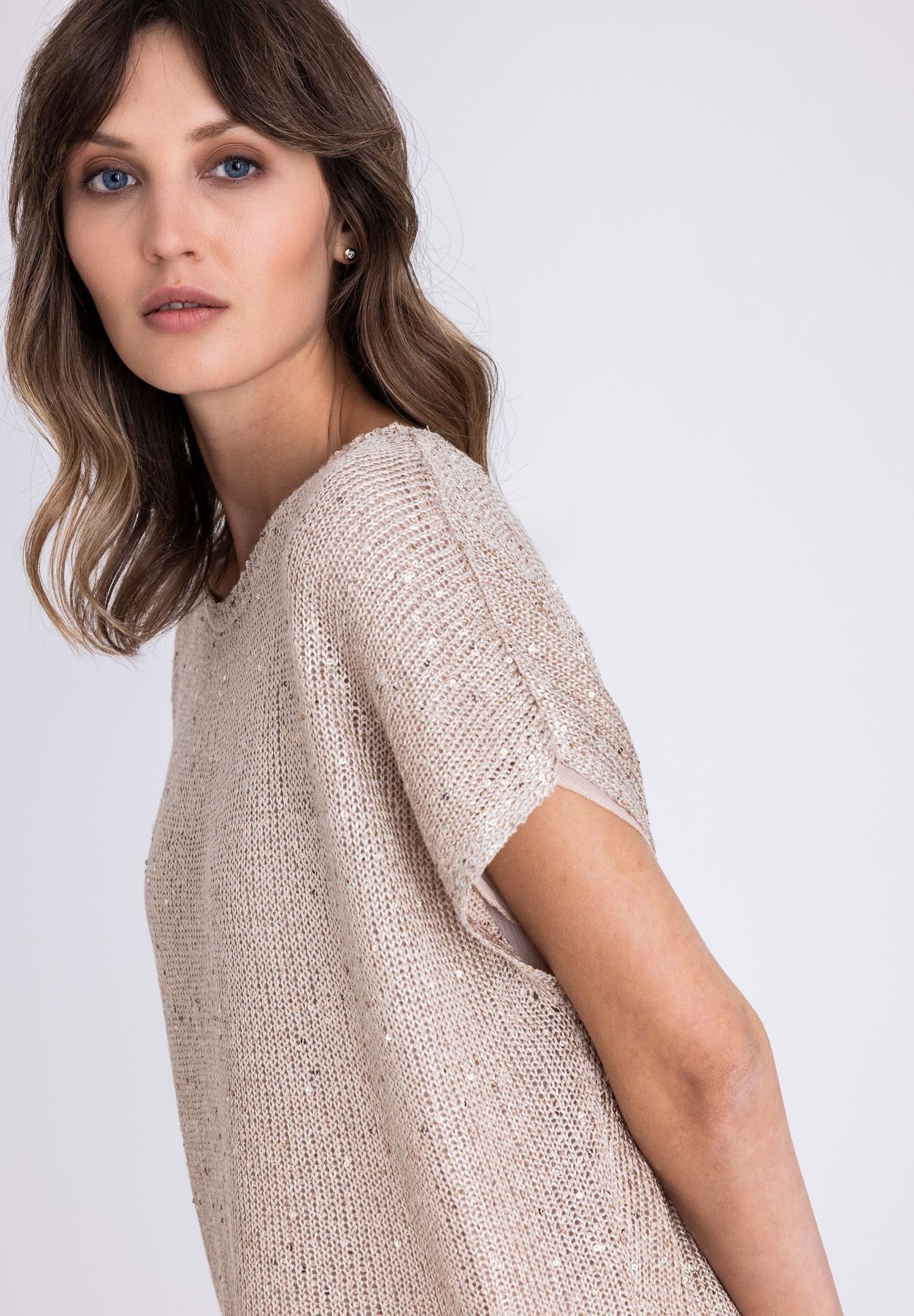 Pullover, Stricktop, Beige, Kurzarm, Beige